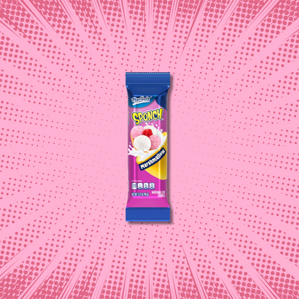 Bright pink starburst background with a single Marinela Sponch Marshmallow Cookie pack centered.