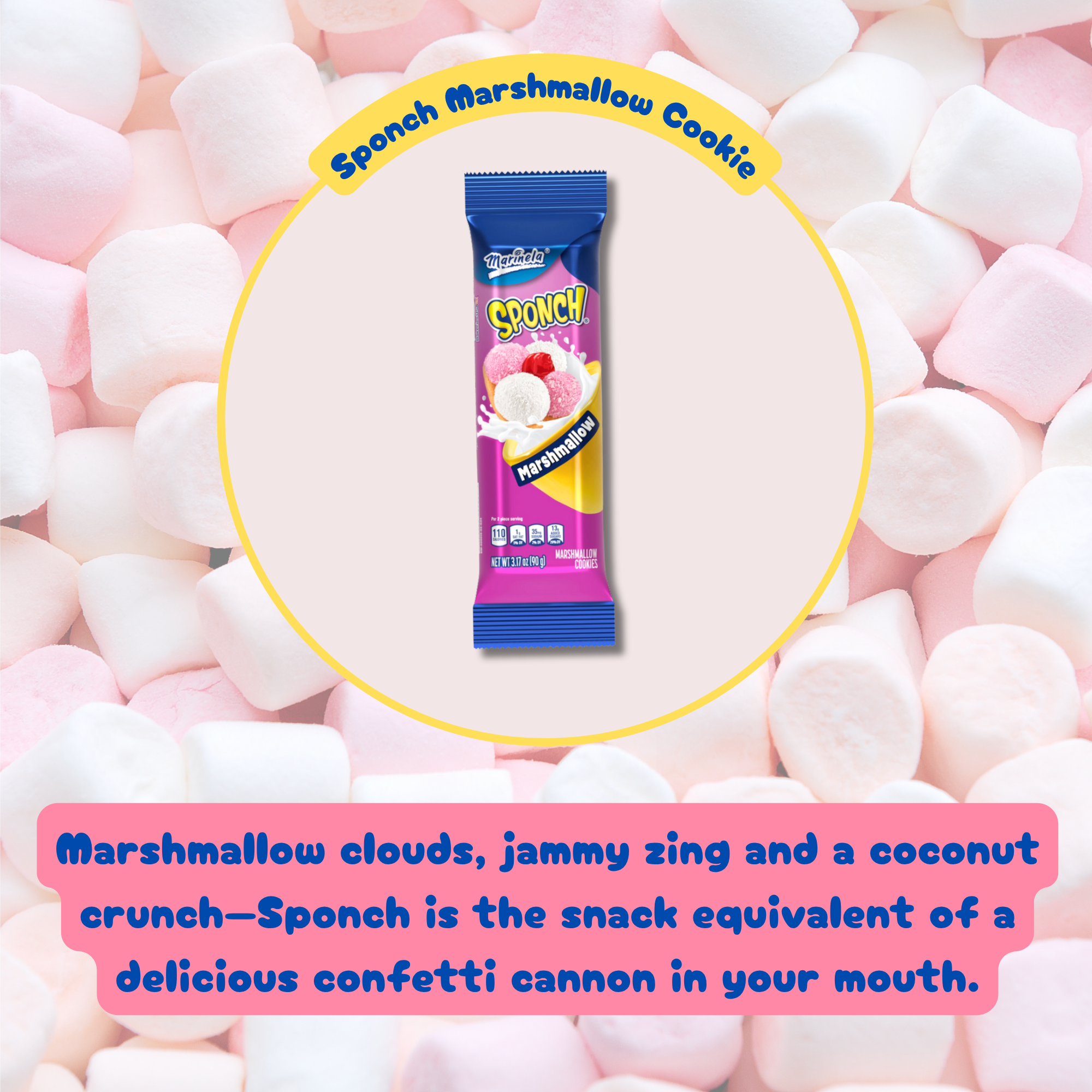 Sponch Marshmallow Cookie pack on a circular marshmallow background with product description.
