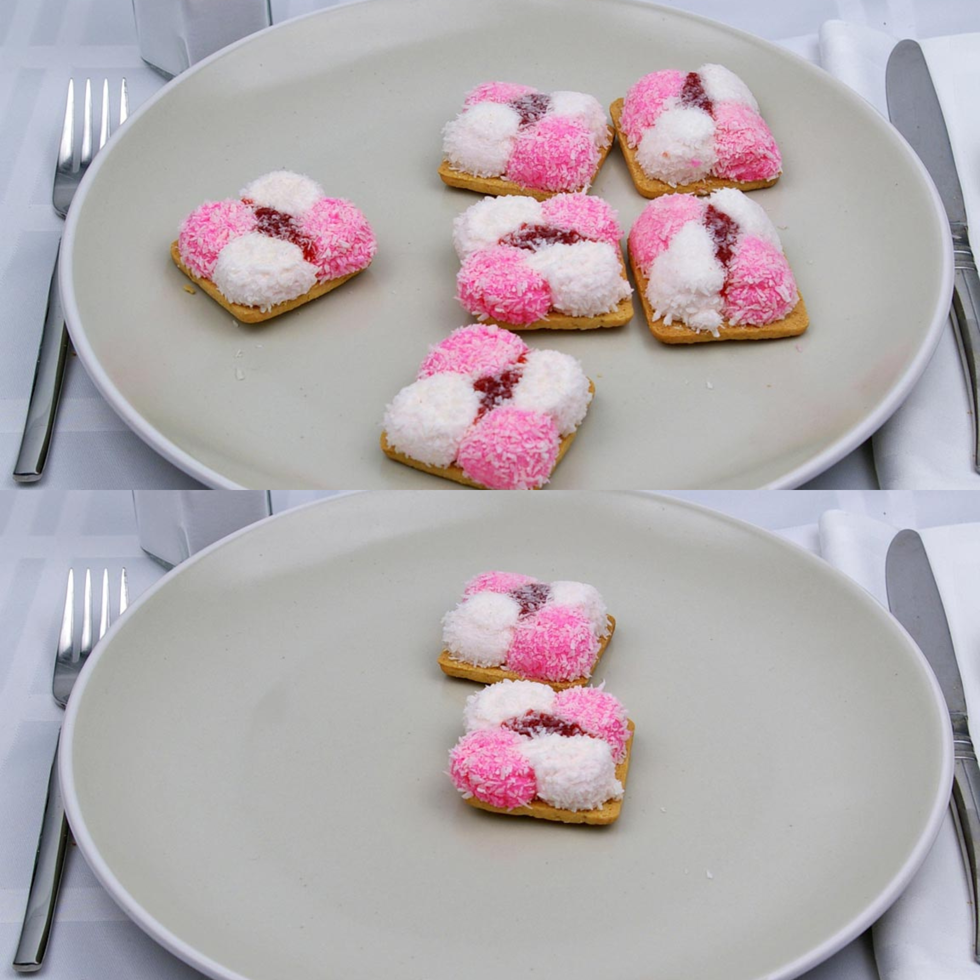 Close-up of opened Sponch Marshmallow Cookies arranged on a white plate, showing texture and filling.