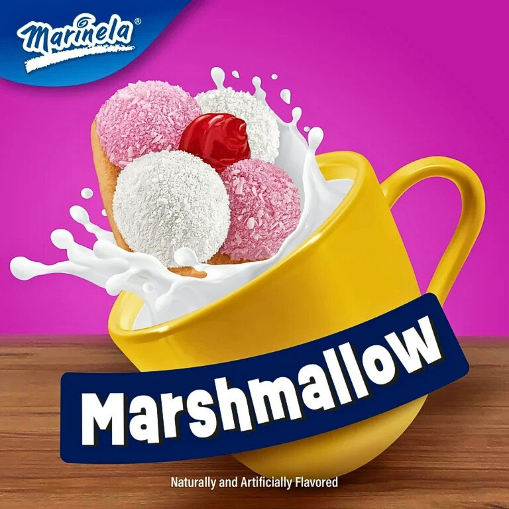 Sponch cookie splashing into a yellow cup of milk with vibrant magenta background.
