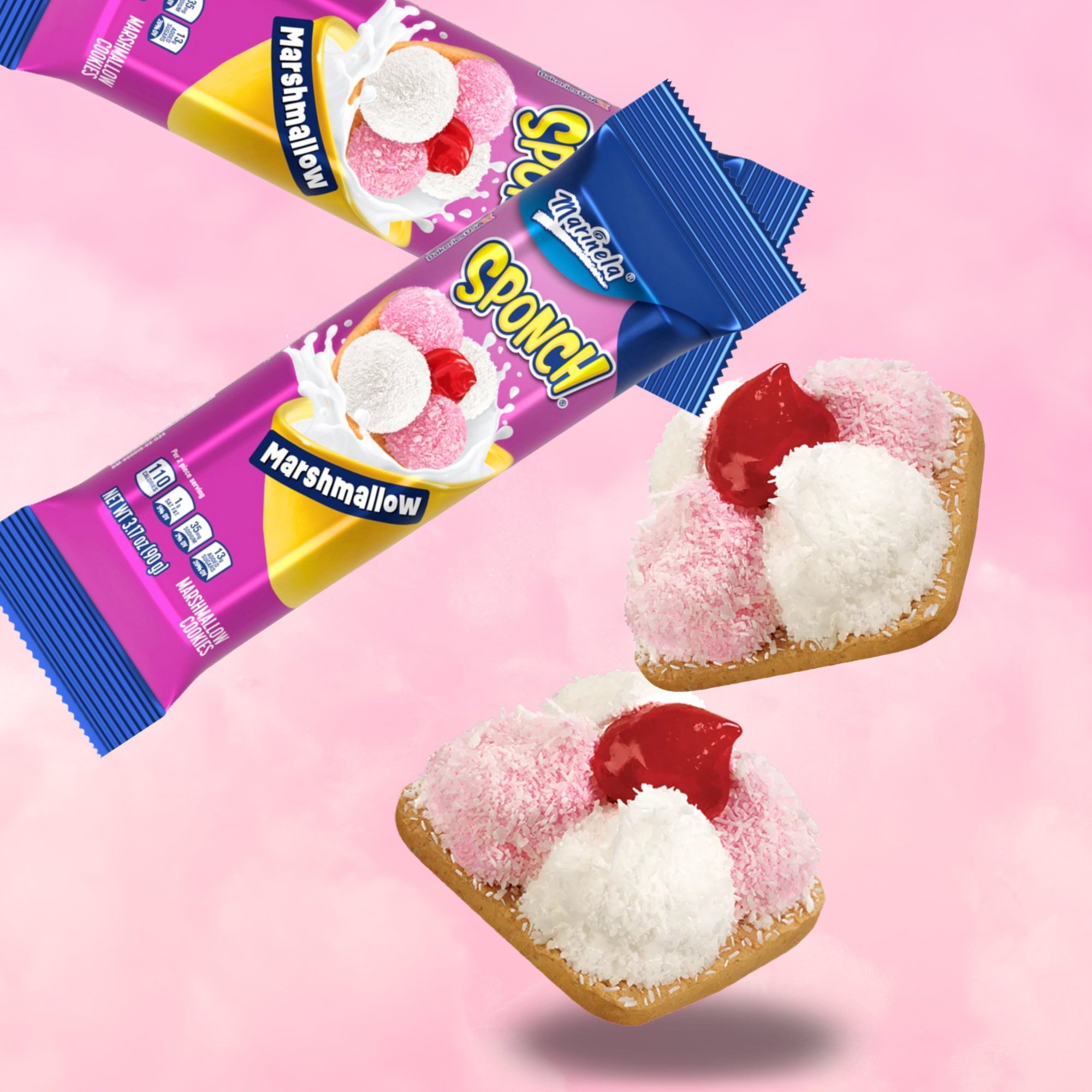 Two Sponch cookie packs and close-up cookies floating on a pink background.