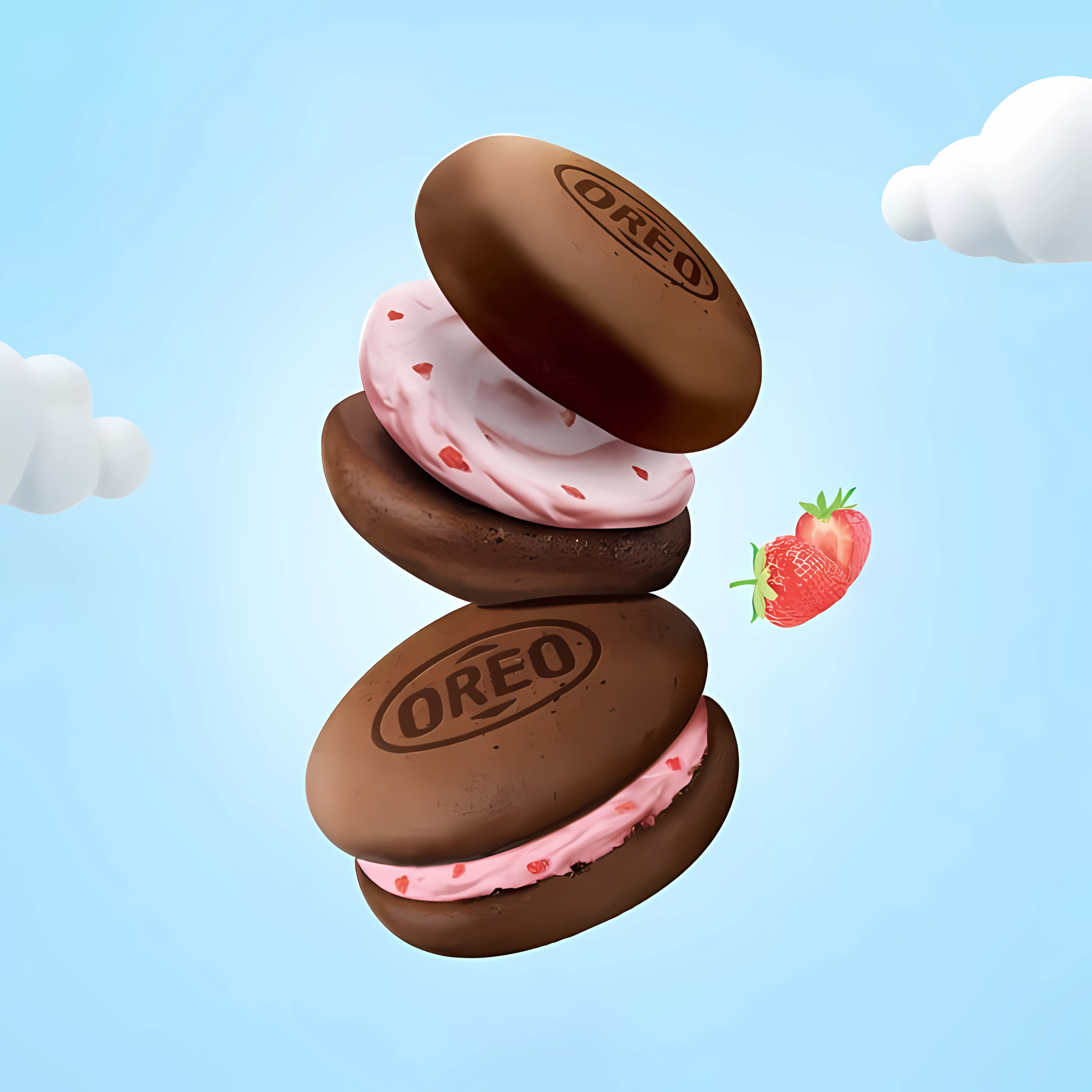 Oreo strawberry cloud cakes stacked mid-air with fluffy filling and floating berries.