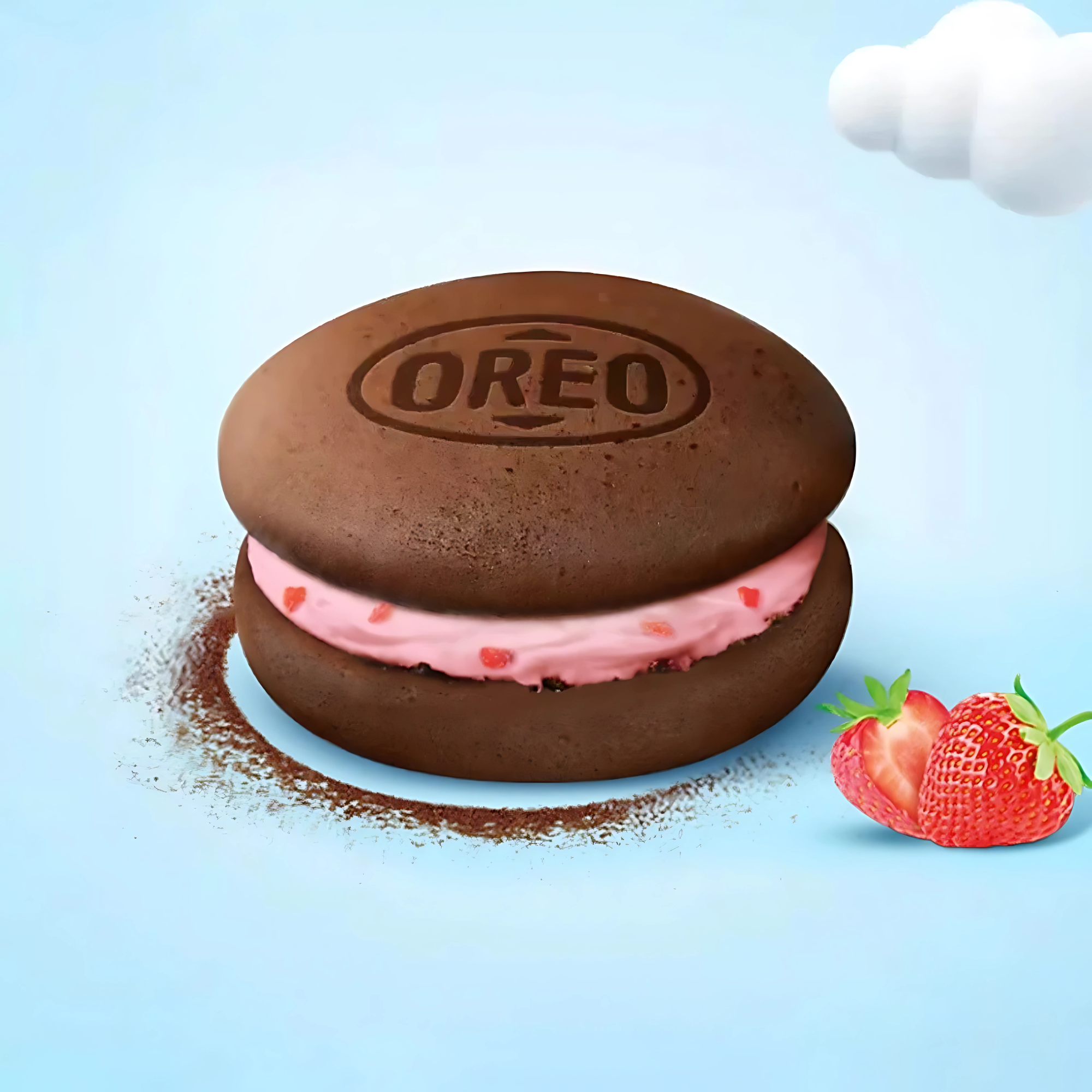 Single strawberry Oreo cloud cake resting on cocoa powder with berries and clouds.