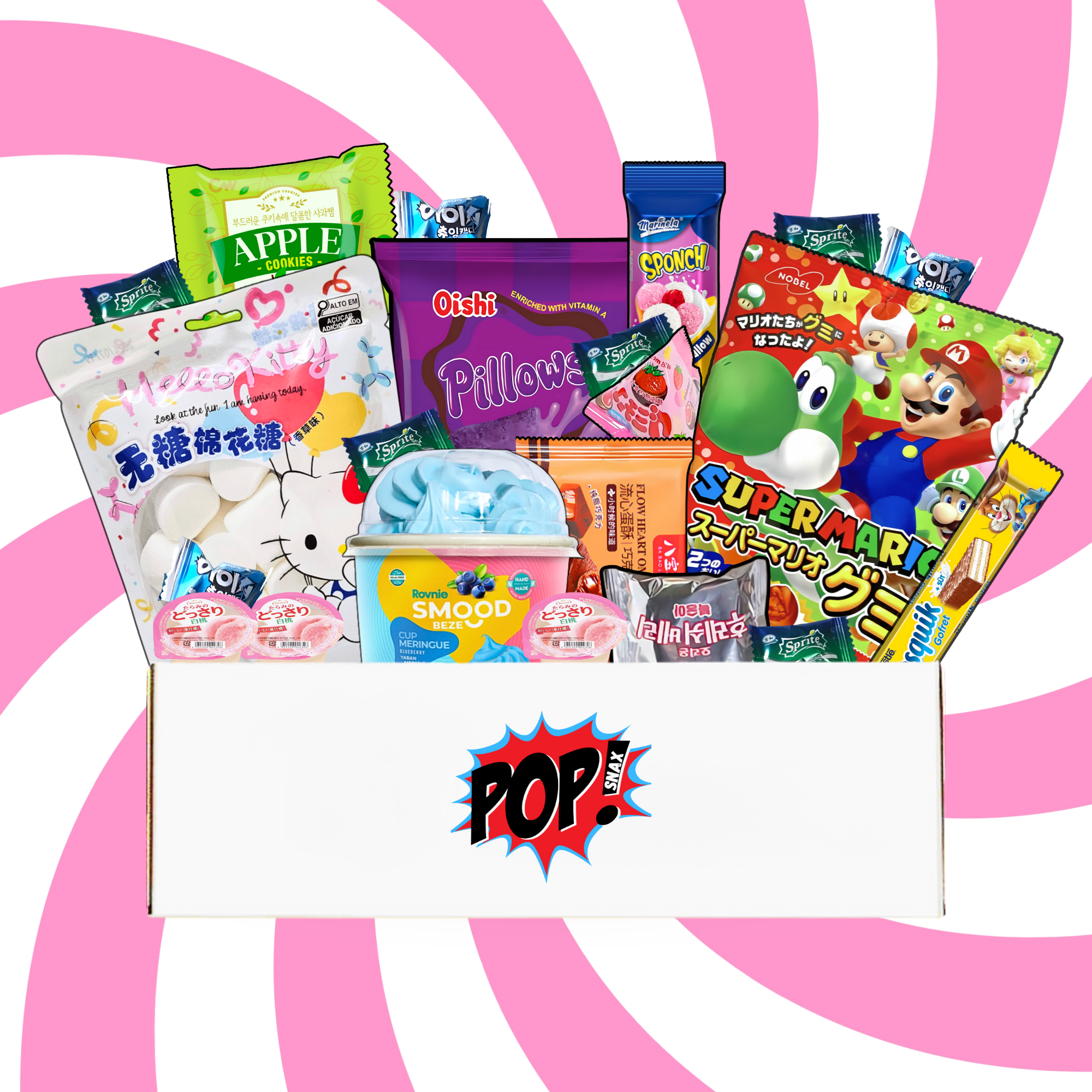 Image of the Sugar Saga: Sweet Tooth Box by Pop Snax, filled with colorful international candy and snacks, including Hello Kitty marshmallows, Super Mario gummies, blue meringue cups, Sprite candies, Ube crackers, and more.