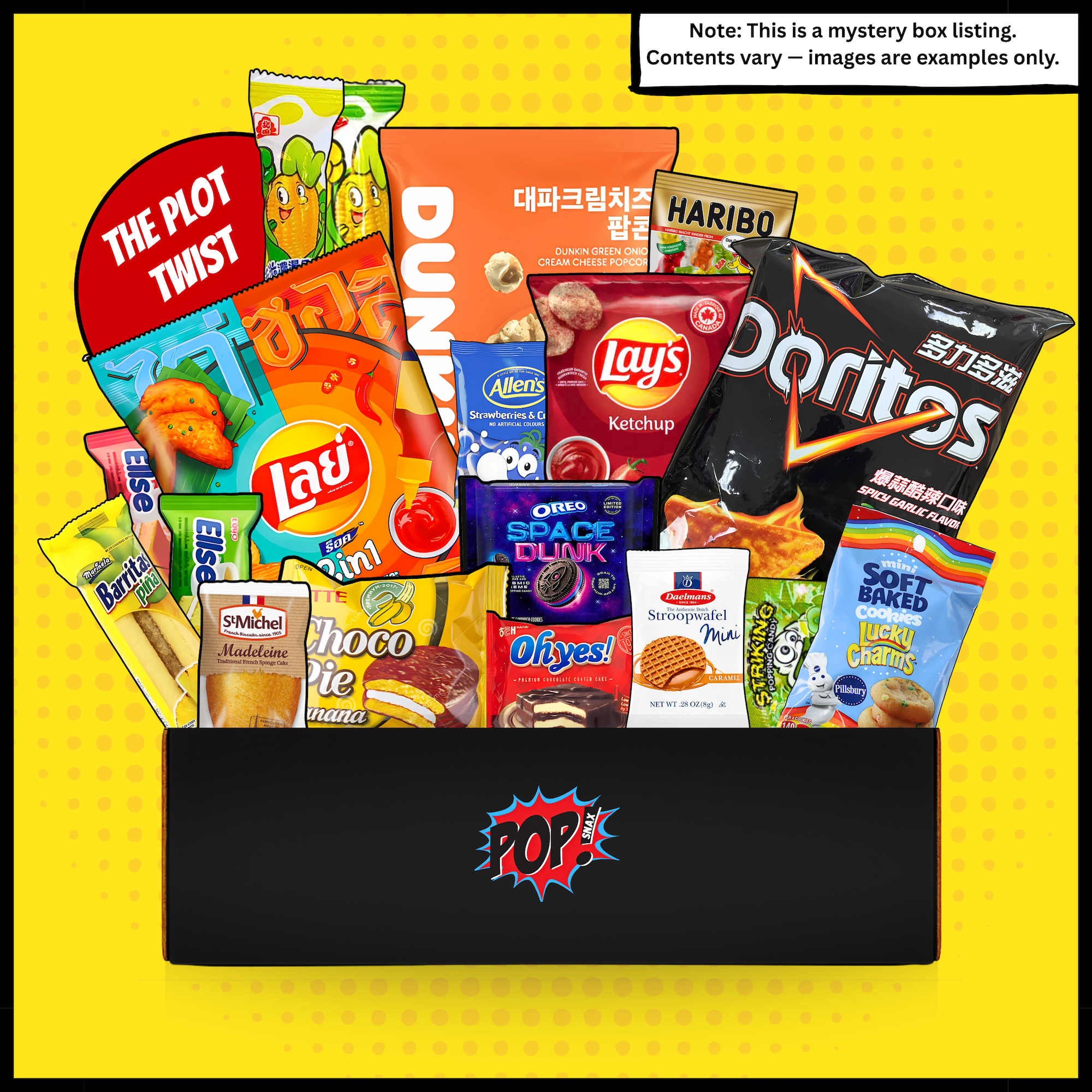 Assorted snack packages including Lay's, Doritos, and Haribo on a yellow background with 'Pop!' branding. View of The Plot Twist mystery snack box featuring 16 rare international snacks including chips, cookies, & candy from Asia, Europe, and Latin America. Items shown are for illustrative purposes only.