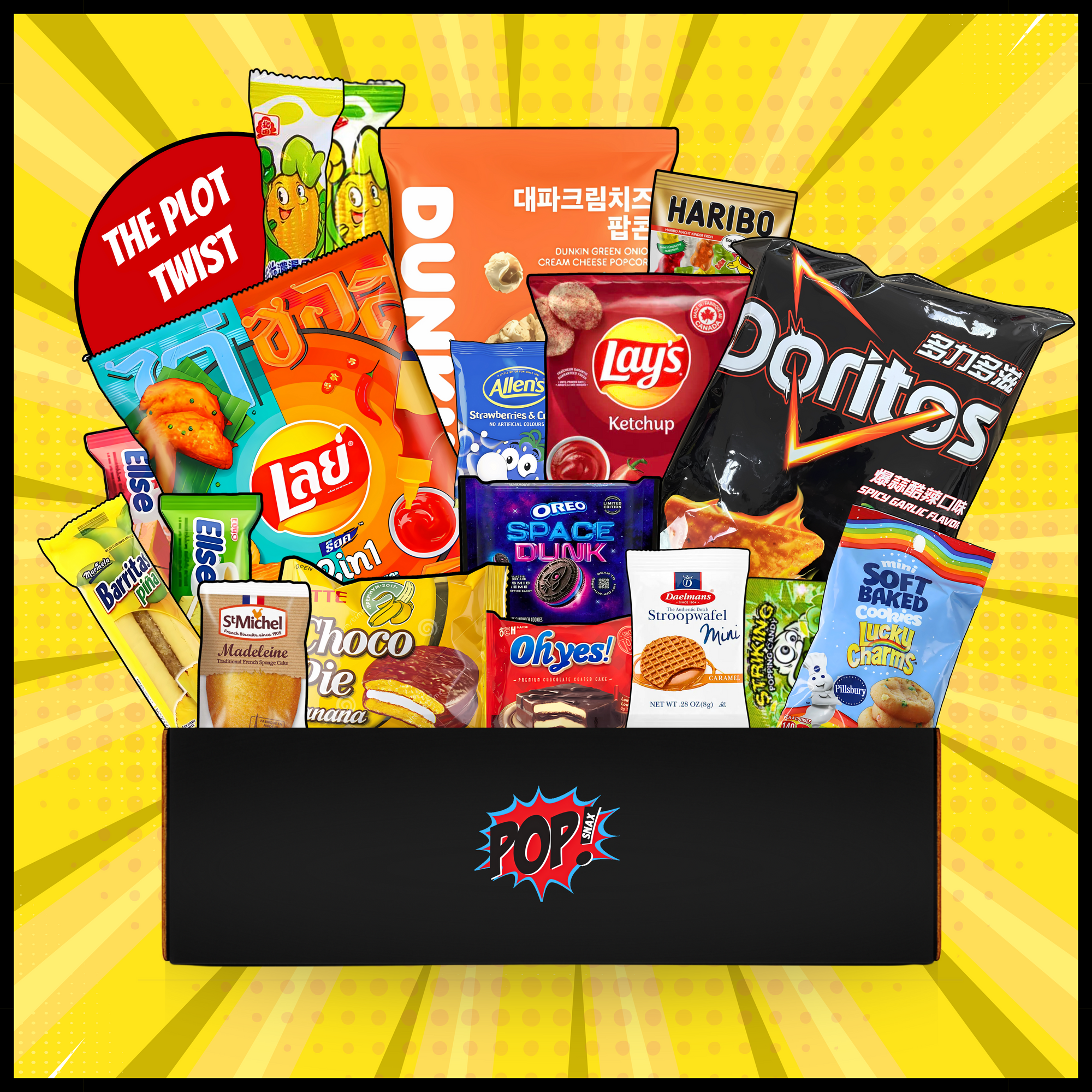 Assorted snack packages including Lay's, Doritos, and Haribo on a yellow background with 'Pop' branding. View of The Plot Twist mystery snack box featuring 16 rare international snacks including chips, cookies, & candy from Asia, Europe, and Latin America. Items shown are for illustrative purposes only.