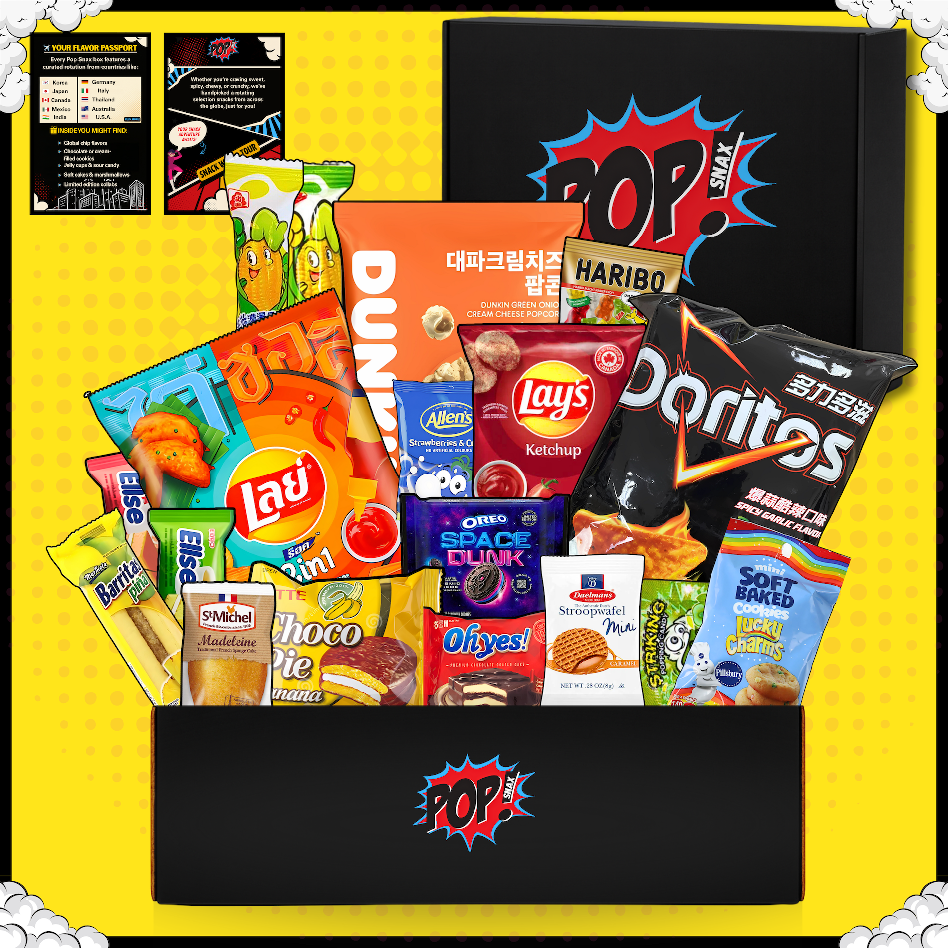 Assorted snack items including chips and candies in a box with visible brand logos on a yellow background. View of The Plot Twist mystery snack box featuring 16 rare international snacks including chips, cookies, & candy from Asia, Europe, and Latin America. Items shown are for illustrative purposes only.