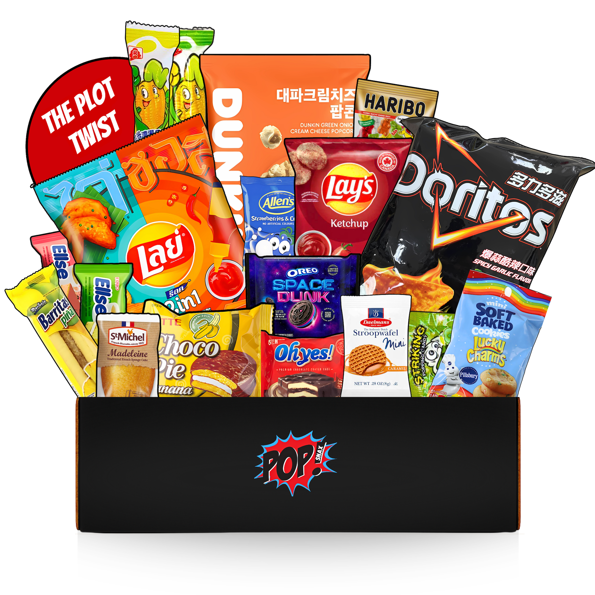 Assorted snack packets including Doritos, Lay's, and other brands in a box with 'Pop' branding on a white background. View of The Plot Twist mystery snack box featuring 16 rare international snacks including chips, cookies, & candy from Asia, Europe, and Latin America. Items shown are for illustrative purposes only.