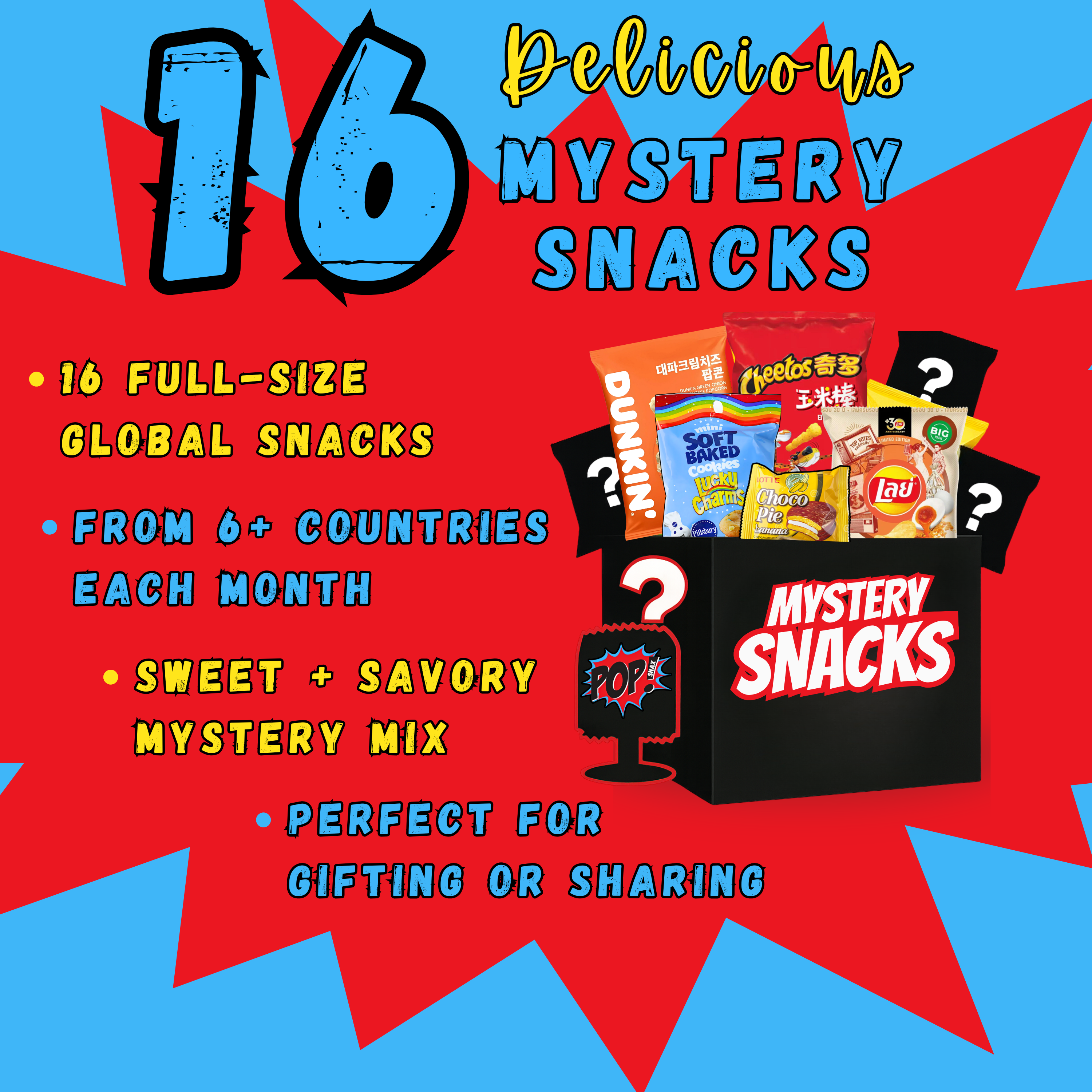Promotional graphic for a mystery snack box with various snacks and text on a red and blue background. View of The Plot Twist mystery snack box featuring 16 rare international snacks including chips, cookies, & candy from Asia, Europe, and Latin America. Items shown are for illustrative purposes only.