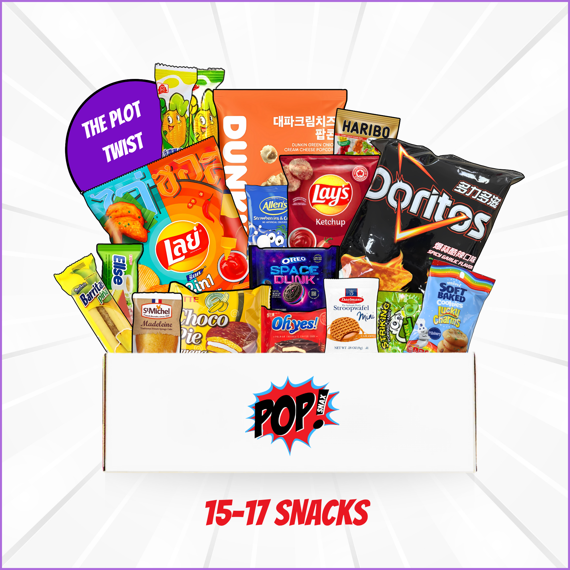 View of The Plot Twist mystery snack box featuring 15+ rare international snacks including chips, cookies, & candy from Asia, Europe, and Latin America. Items shown are for illustrative purposes only.
