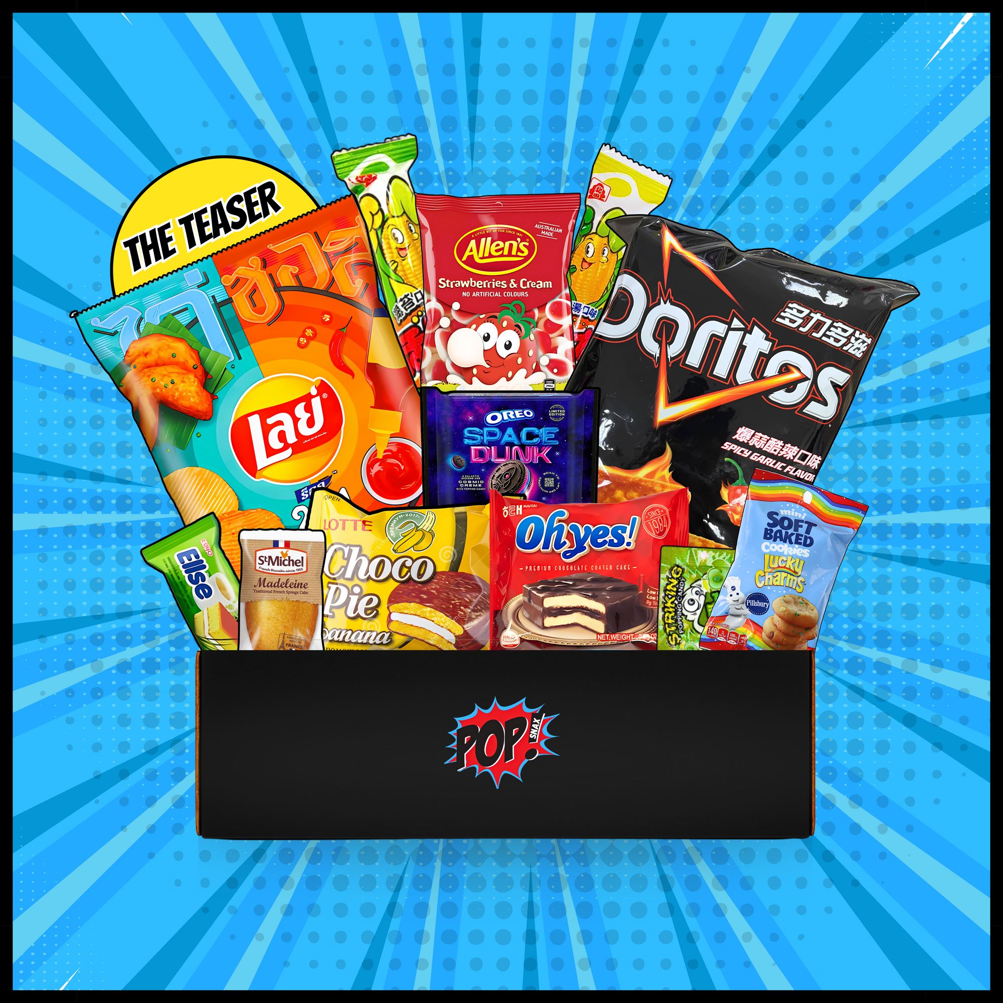 Assorted snack packages including Lay's, Doritos, and others on a blue background with 'The Teaser' branding. Pop Snax mystery snack box, "The Teaser," featuring 10-12 international snacks including Lay's chips, Doritos, choco pie, oreos, soft baked, cookies, plus more. All arranged in a box with bold comic-book branding. Asian international mystery snack box.