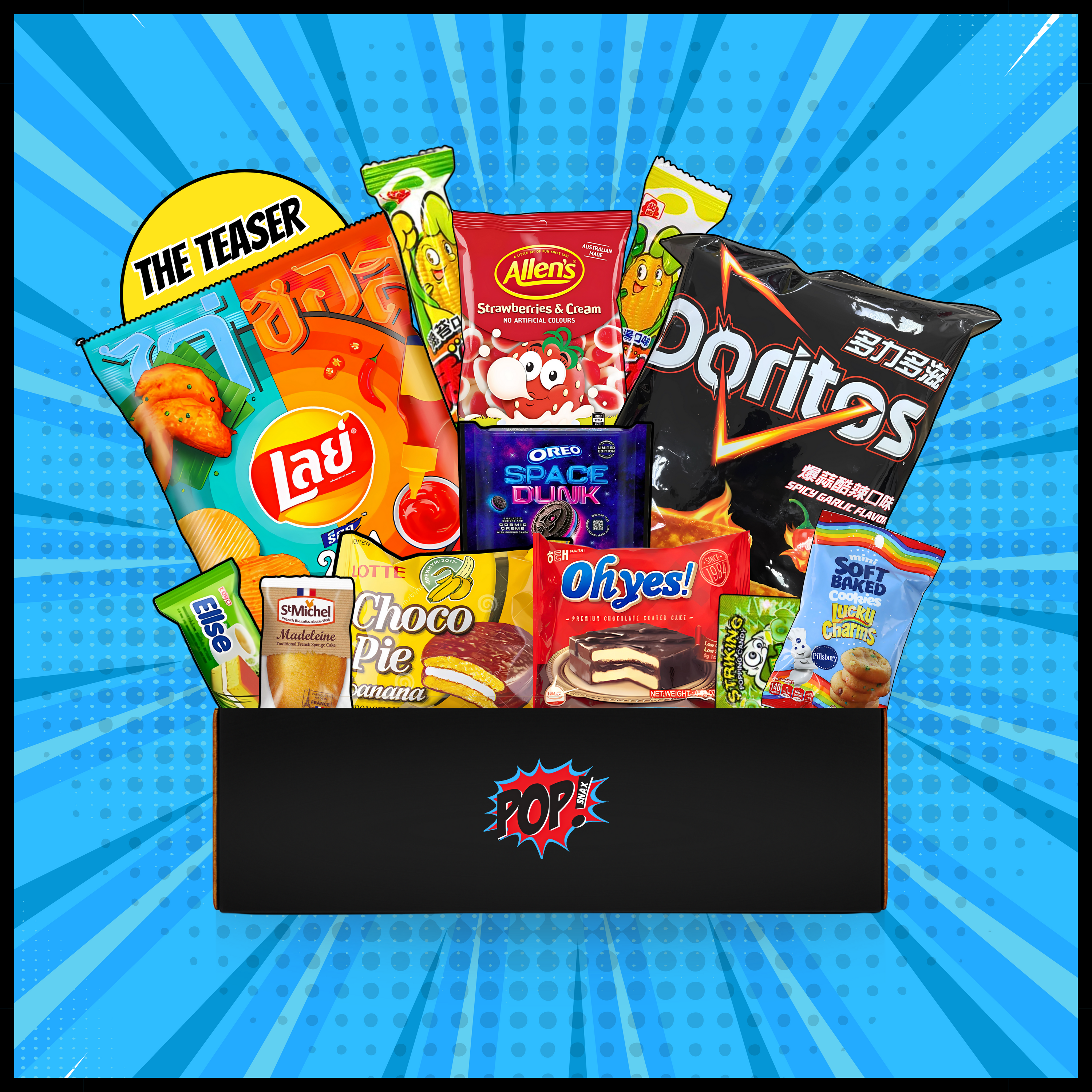 Assorted snack packages including Lay's, Doritos, and others on a blue background with 'The Teaser' branding. Pop Snax mystery snack box, "The Teaser," featuring 10-12 international snacks including Lay's chips, Doritos, choco pie, oreos, soft baked, cookies, plus more. All arranged in a box with bold comic-book branding. Asian international mystery snack box.