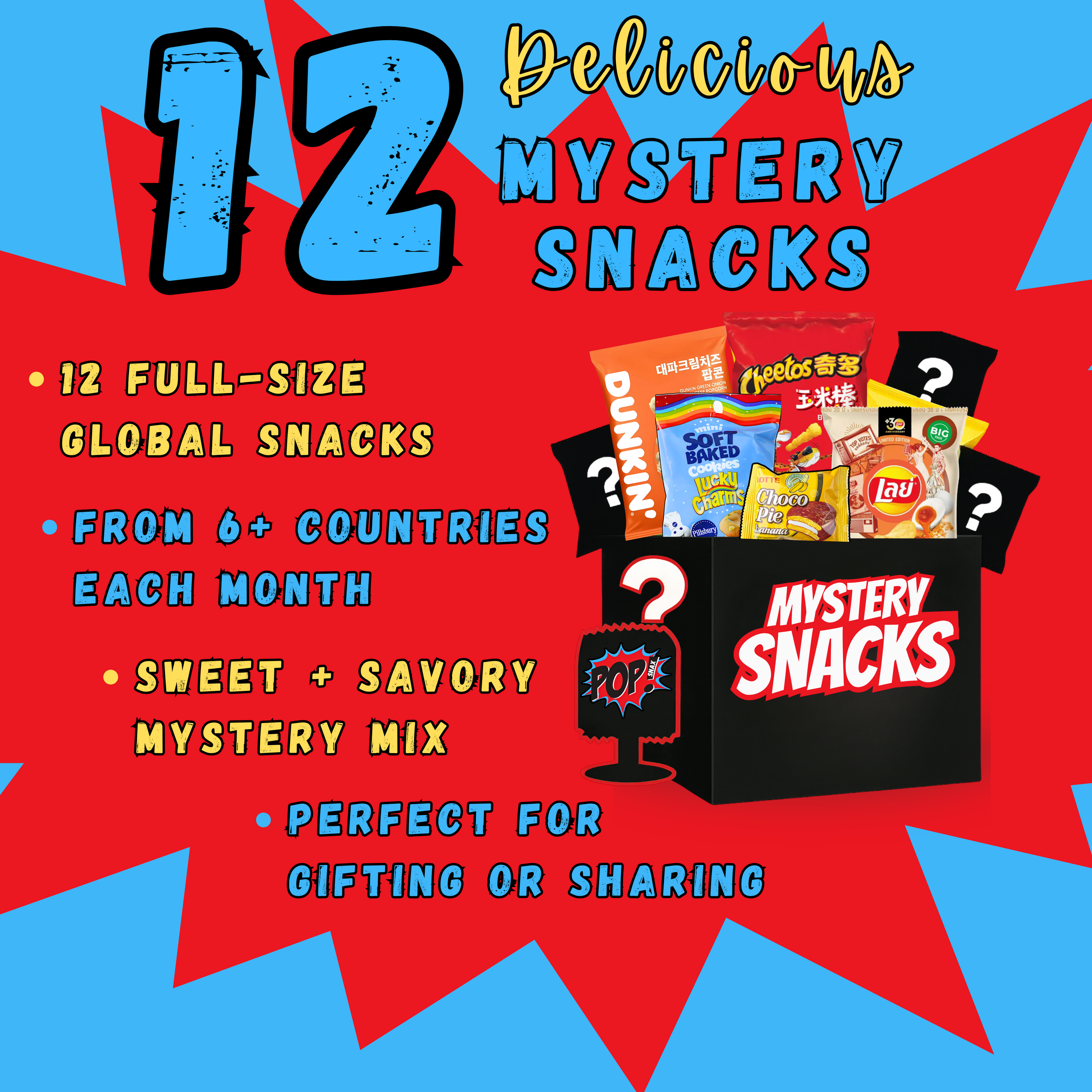 Promotional graphic for a mystery snack box with various snacks and text on a red and blue background. Assorted snack packages including Lay's, Doritos, and others on a blue background with 'The Teaser' branding. Pop Snax mystery snack box, "The Teaser," featuring 10-12 international snacks including Lay's chips, Doritos, choco pie, oreos, soft baked, cookies, plus more. All arranged in a box with bold comic-book branding. Asian international mystery snack box.