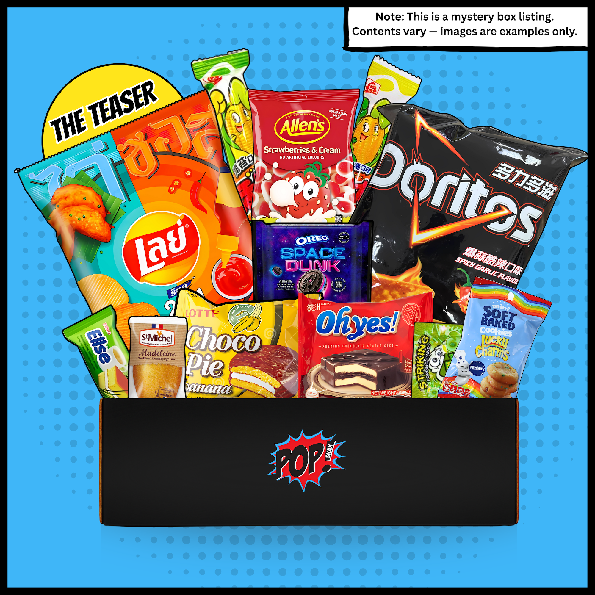 Assorted snack packages in a box with a blue background. Assorted snack packages including Lay's, Doritos, and others on a blue background with 'The Teaser' branding. Pop Snax mystery snack box, "The Teaser," featuring 10-12 international snacks including Lay's chips, Doritos, choco pie, oreos, soft baked, cookies, plus more. All arranged in a box with bold comic-book branding. Asian international mystery snack box.