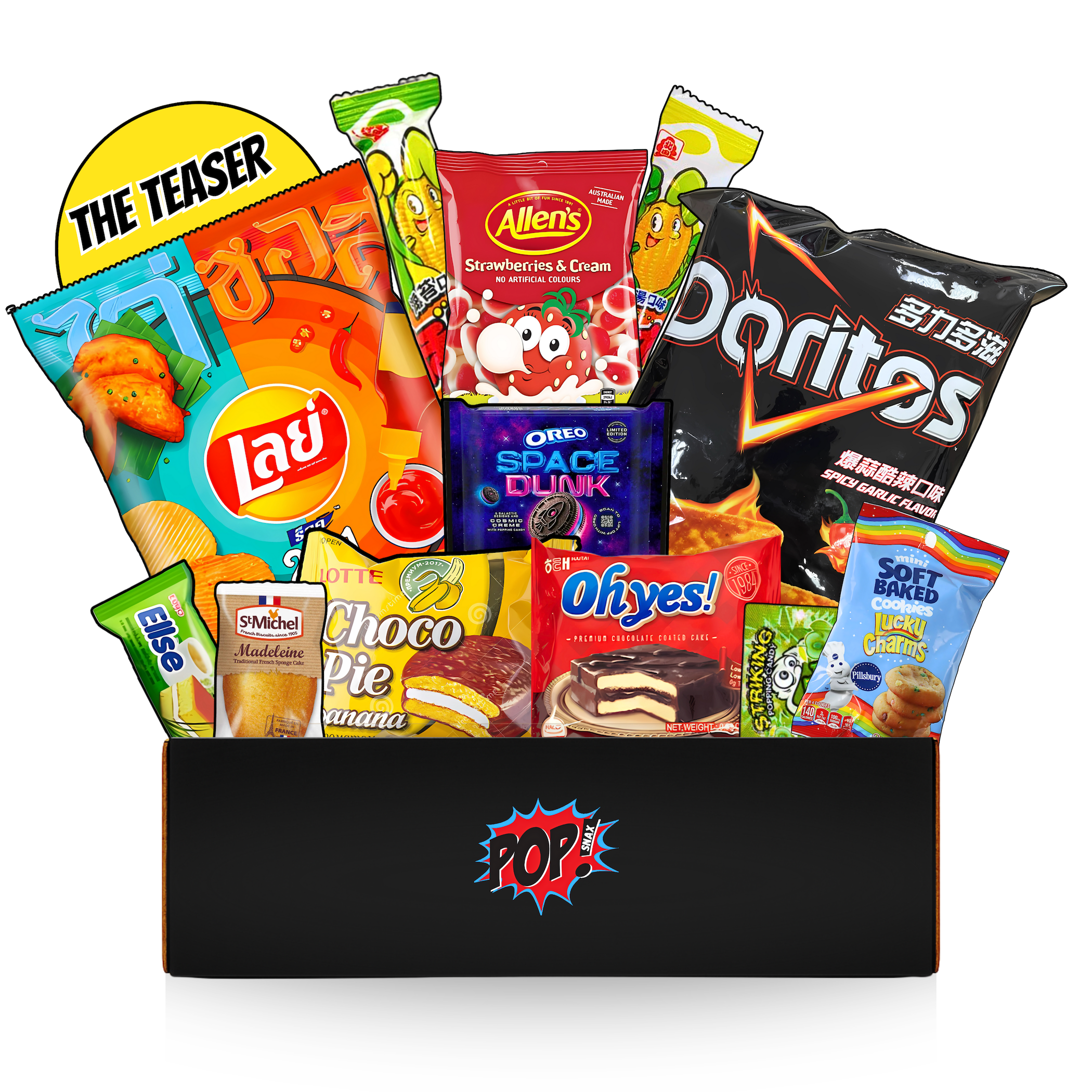 Assorted snack packages including Lay's, Doritos, and Oreo in a box with Pop's logo on white background. Assorted snack packages including Lay's, Doritos, and others on a blue background with 'The Teaser' branding. Pop Snax mystery snack box, "The Teaser," featuring 10-12 international snacks including Lay's chips, Doritos, choco pie, oreos, soft baked, cookies, plus more. All arranged in a box with bold comic-book branding. Asian international mystery snack box.