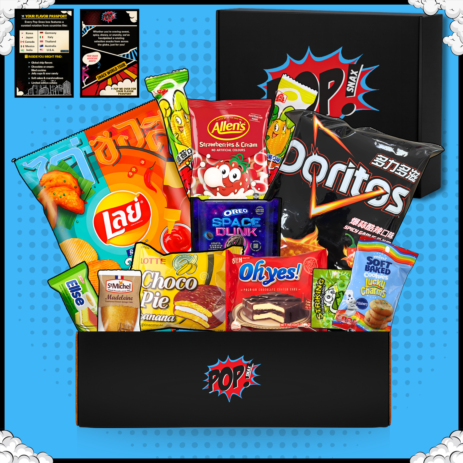 Assorted snack packages including Lay's, Doritos, and Oreo in a black box with 'POP SNAX!' branding. Assorted snack packages including Lay's, Doritos, and others on a blue background with 'The Teaser' branding. Pop Snax mystery snack box, "The Teaser," featuring 10-12 international snacks including Lay's chips, Doritos, choco pie, oreos, soft baked, cookies, plus more. All arranged in a box with bold comic-book branding. Asian international mystery snack box.