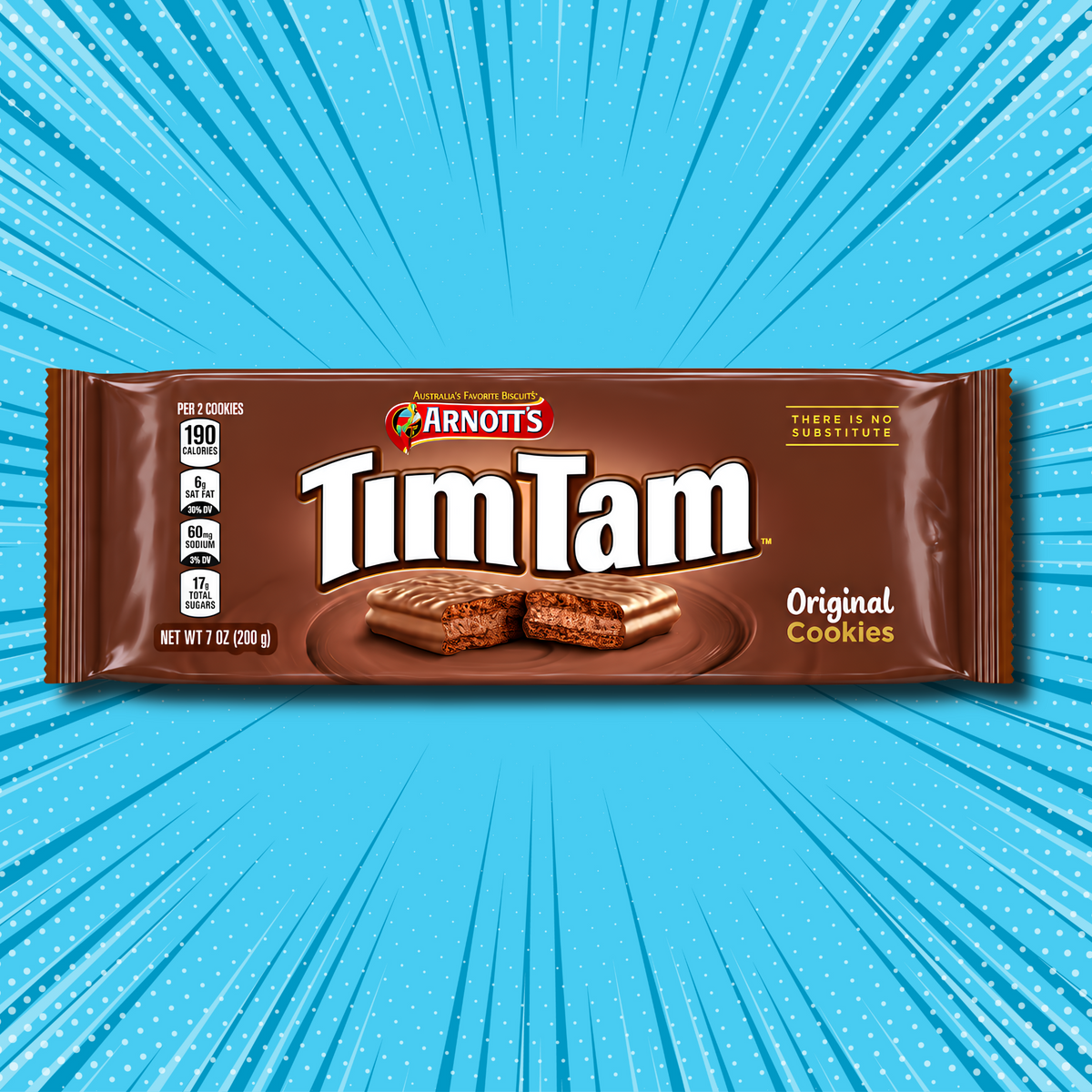 Arnott’s Tim Tam Original 7oz cookie pack on a blue comic burst background