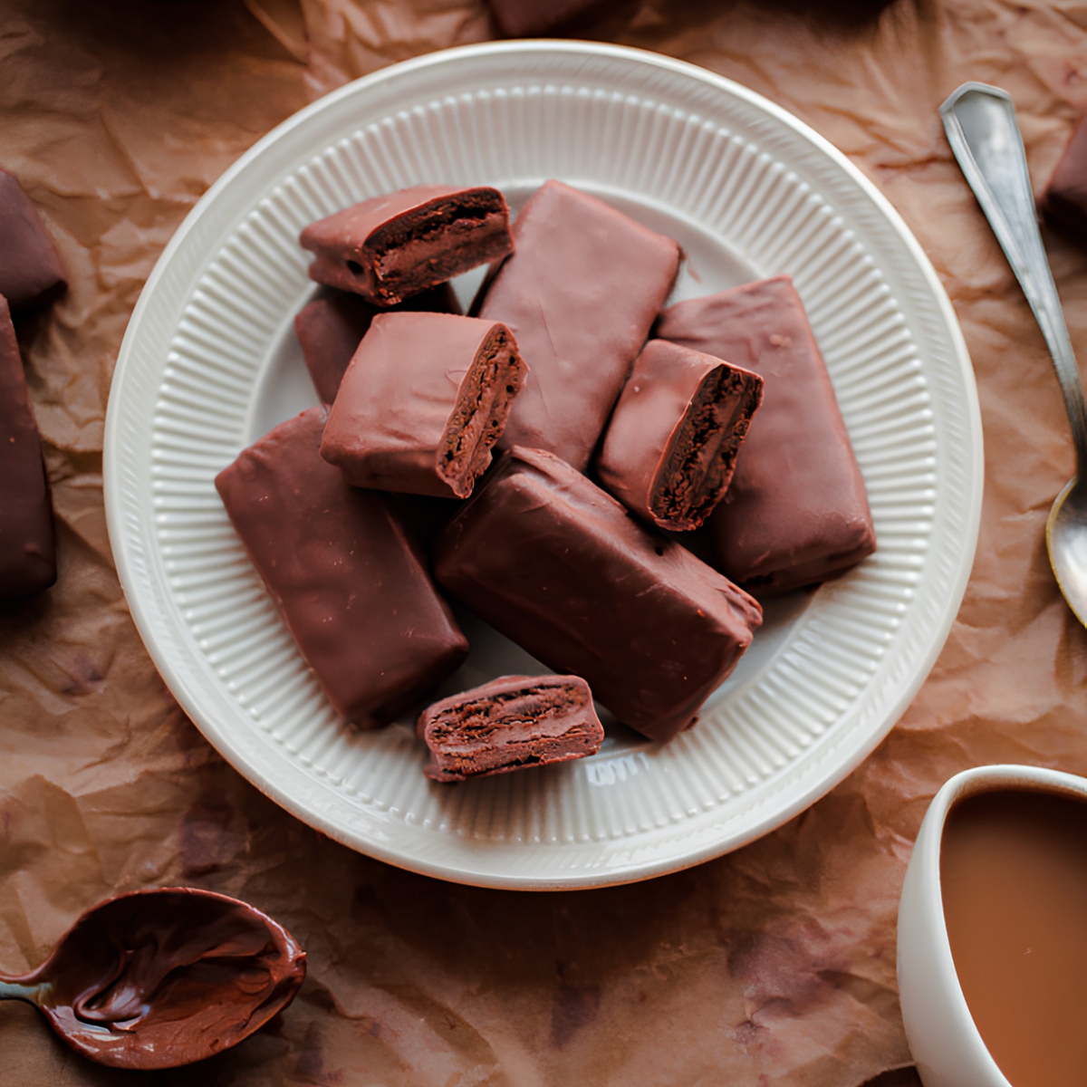 Chocolate-coated Tim Tam biscuits and cut biscuit pieces on a white plate
