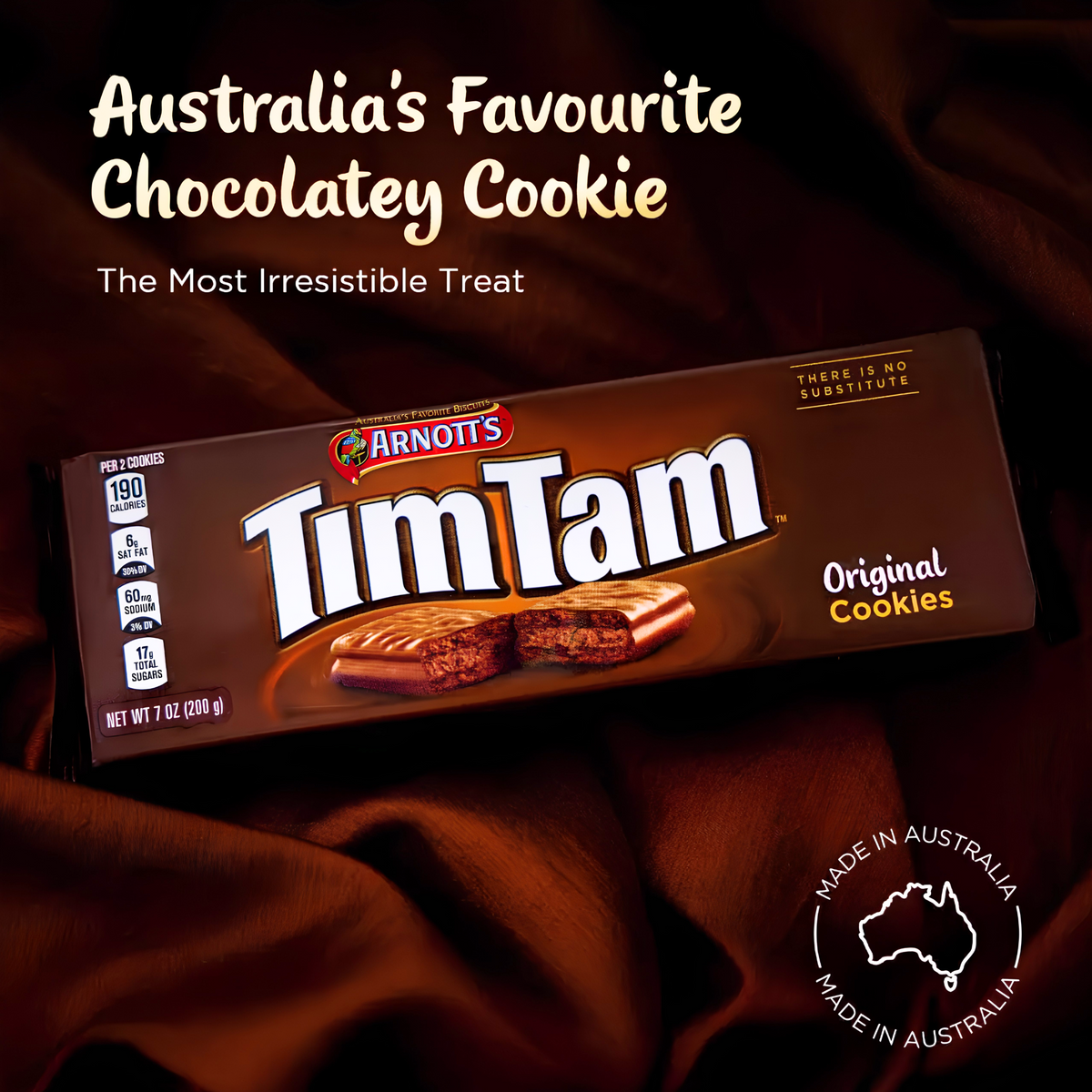 Arnott’s Tim Tam Original cookie pack on brown fabric with Australian-themed lettering