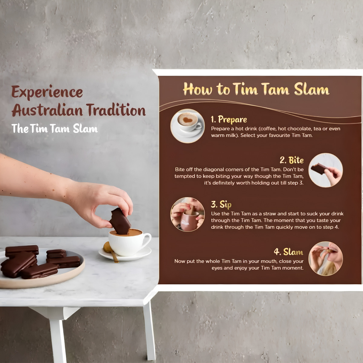 Tim Tam Slam guide beside a biscuit dipped into a cup