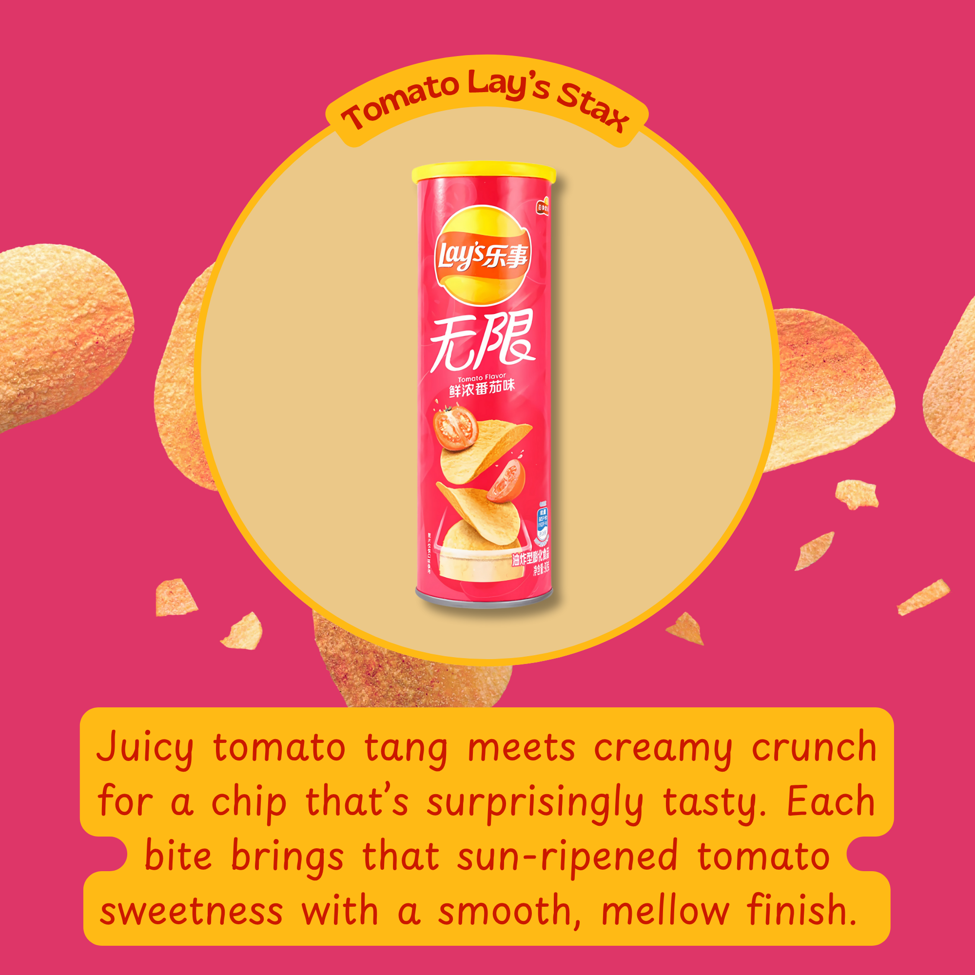 A canister of Lay's Stax Tomato chips is centered against a pink background with floating chip pieces. Text below describes the tomato flavor and crunch.