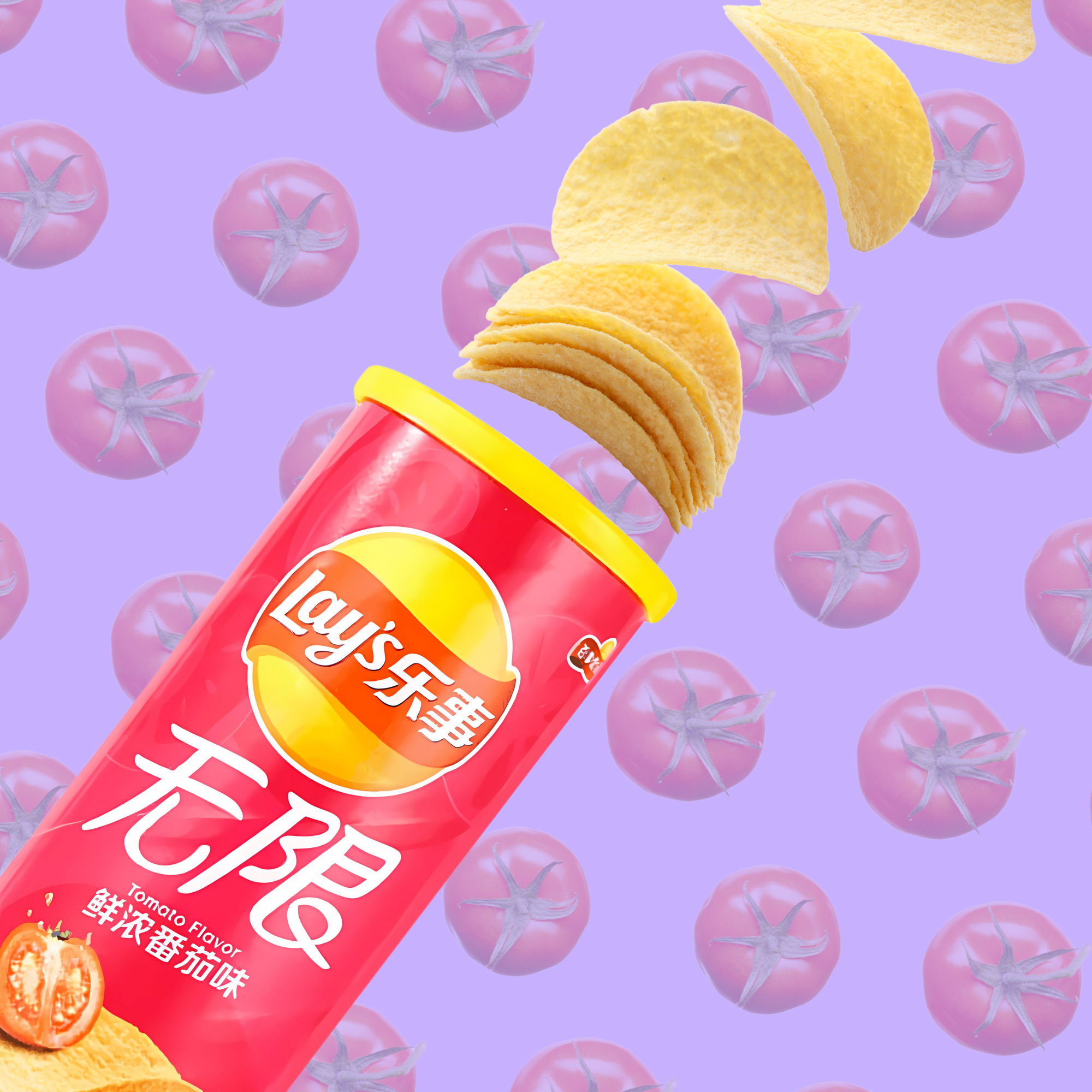 An image of a red Tomato Lay's Stax canister with  lid open, and chips flying out against a purple background with tomato patterns.