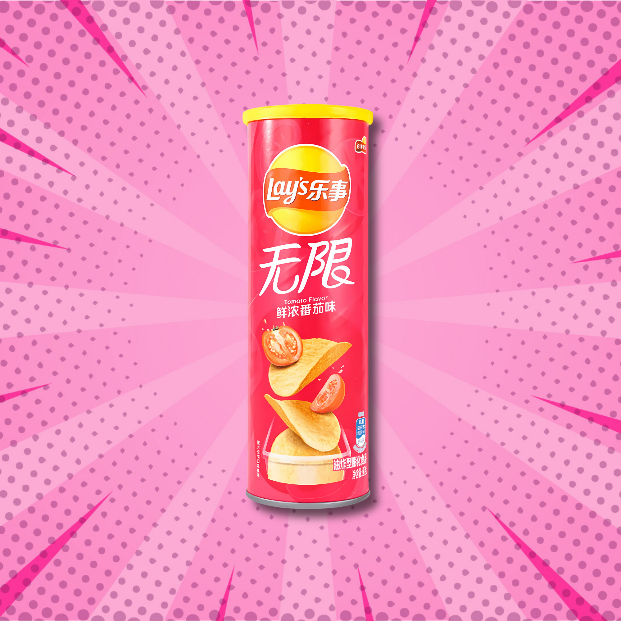 A red Tomato Lay's Stax canister is centered on a vibrant pink, comic-style background with radiating lines, creating an energetic feel.