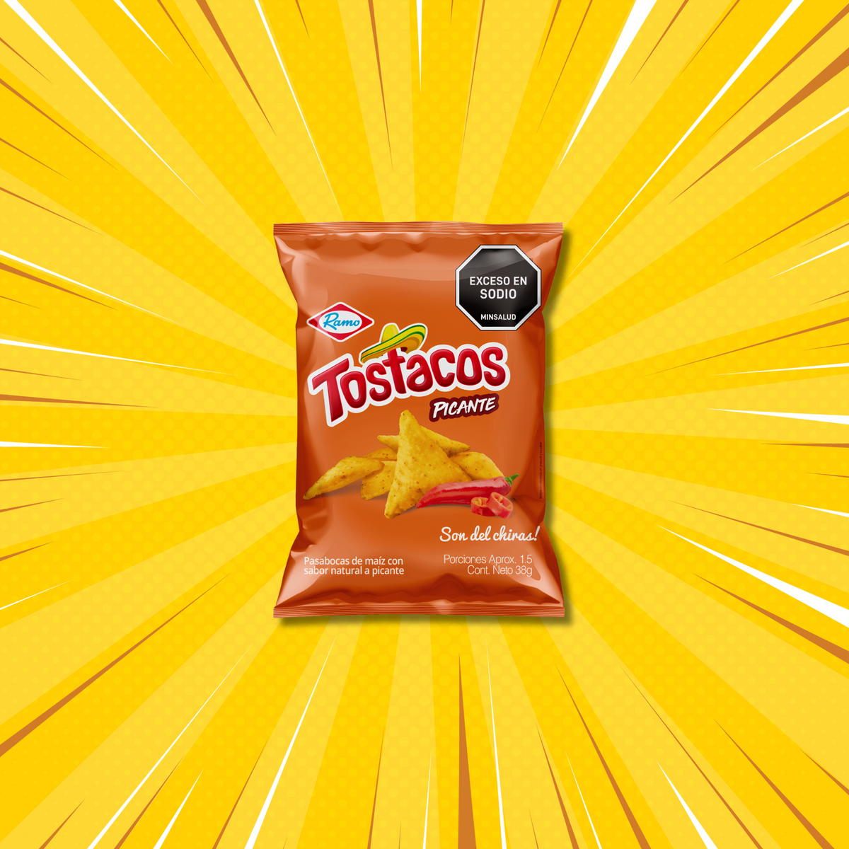 Ramo Tostacos Picante orange bag on a yellow comic burst background