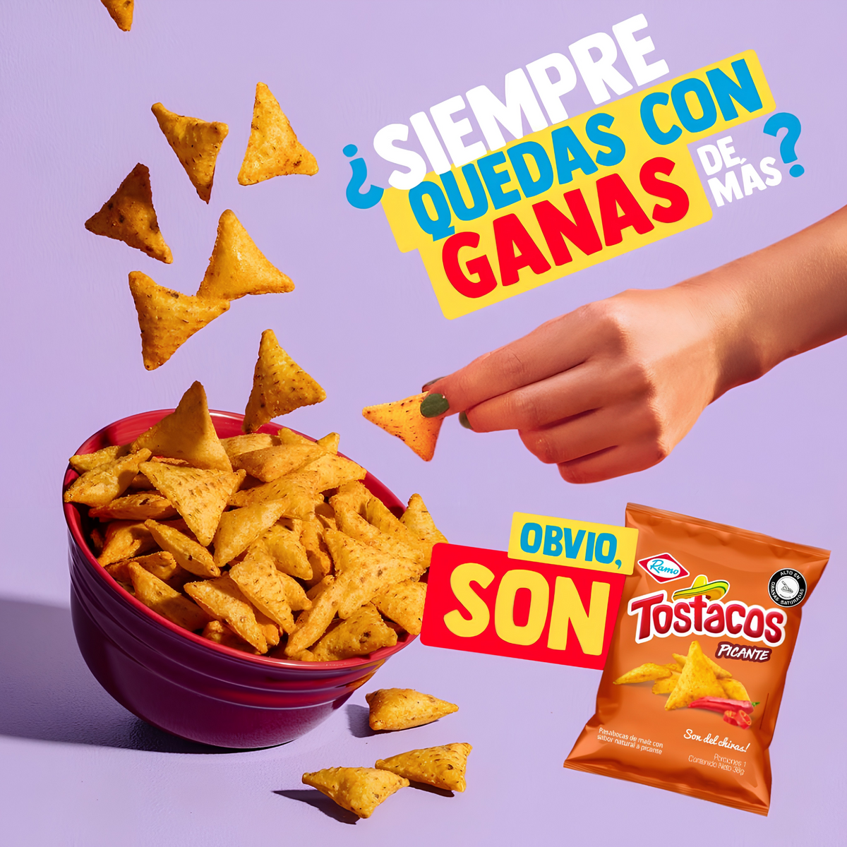 Tostacos Picante bag beside a bowl of triangular corn chips on a purple background
