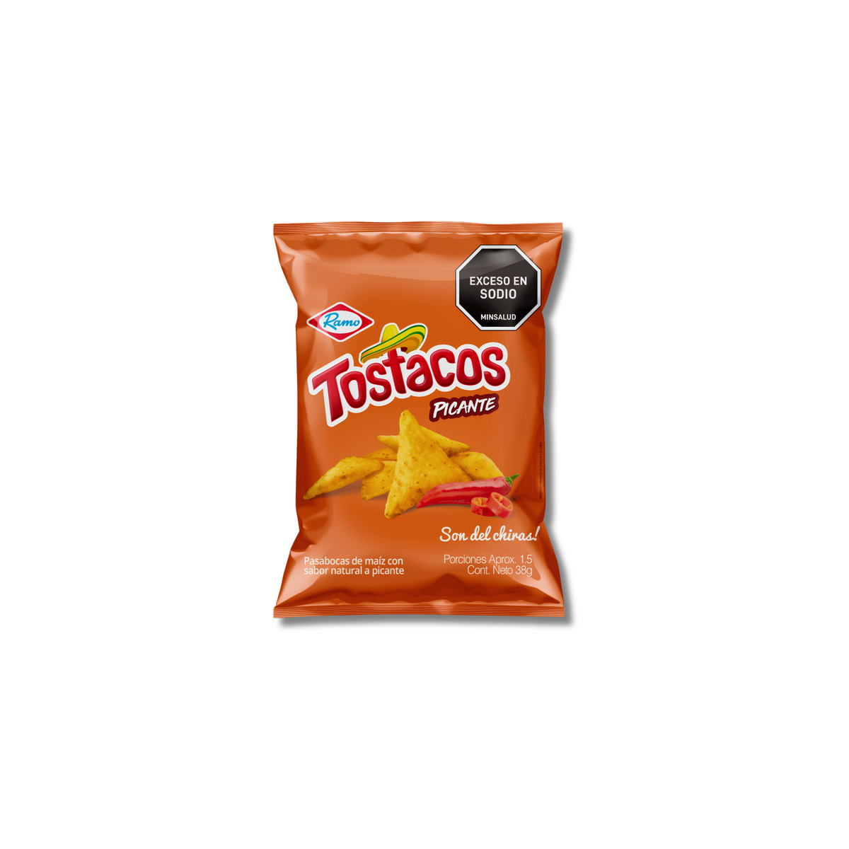 Front of an orange Ramo Tostacos Picante bag on a white background