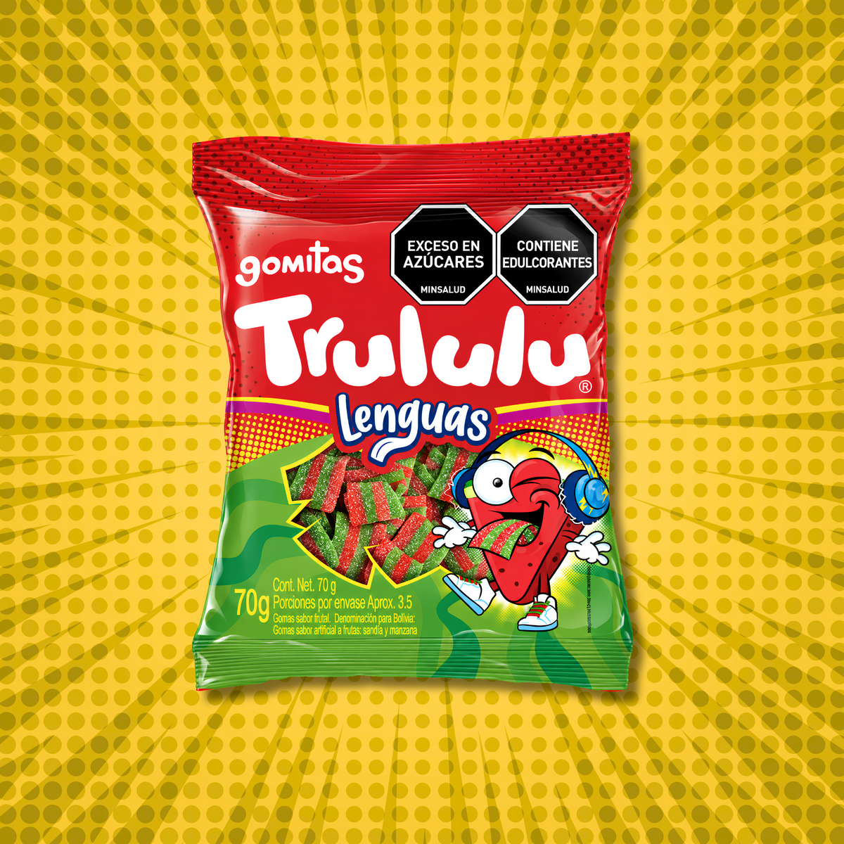 Trululu Lenguas 70g gummy candy bag on a yellow graphic background