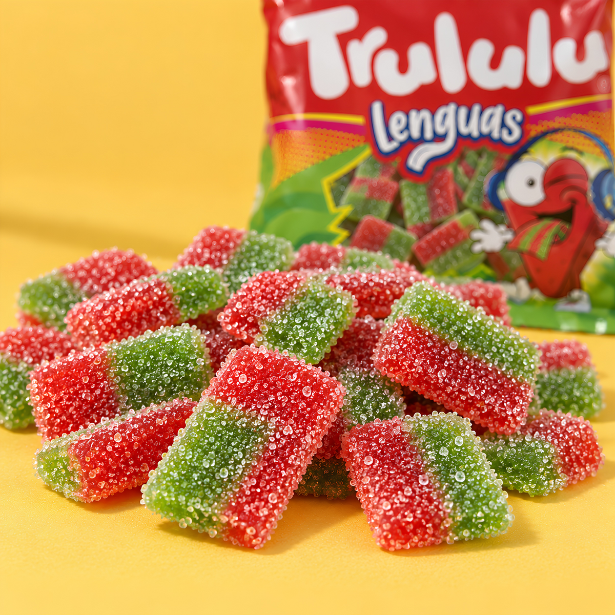 Short red and green sugar-coated Trululu Lenguas gummy strips in close-up