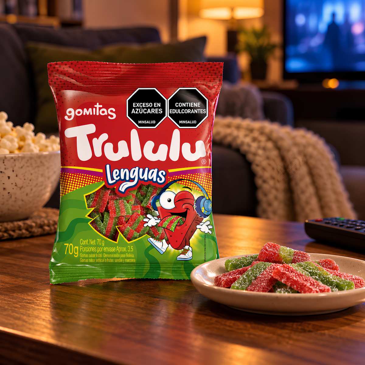 Trululu Lenguas gummy candy ready for a cozy movie night