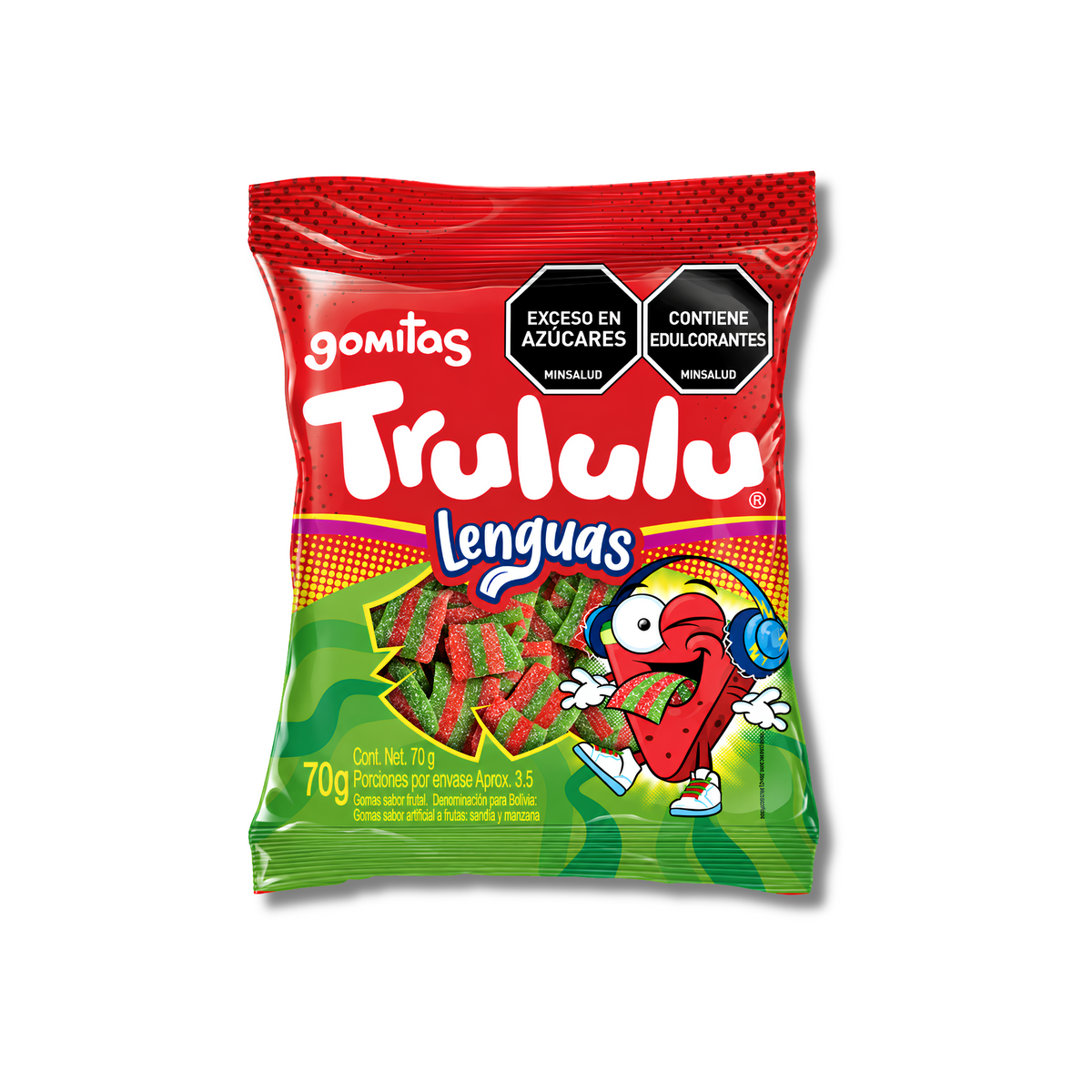 Trululu Lenguas red and green candy bag on a white background