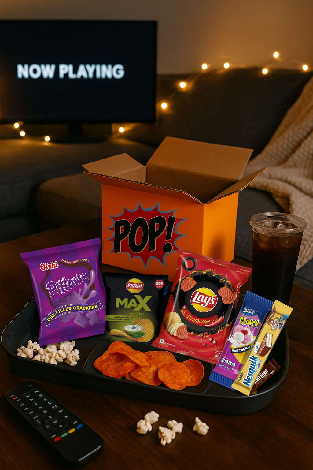 Unpacked global snack box, with snacks on a tray featuring chips, popcorn, and drinks in front of a TV displaying 'NOW PLAYING'.
