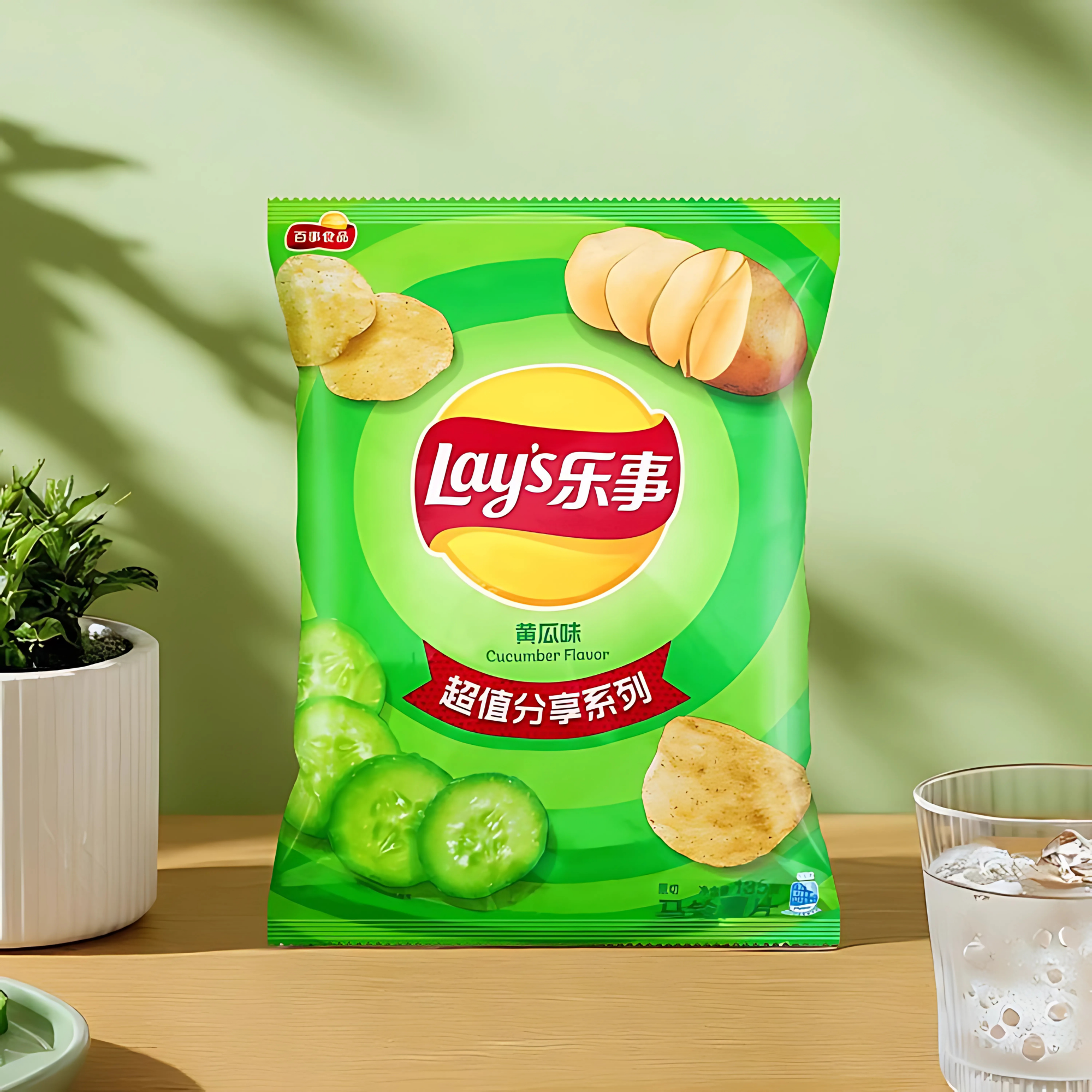 A bright green bag of Lay's cucumber-flavored chips on a wooden table, with cucumber slices and potato images. A plant and a glass of water are nearby.