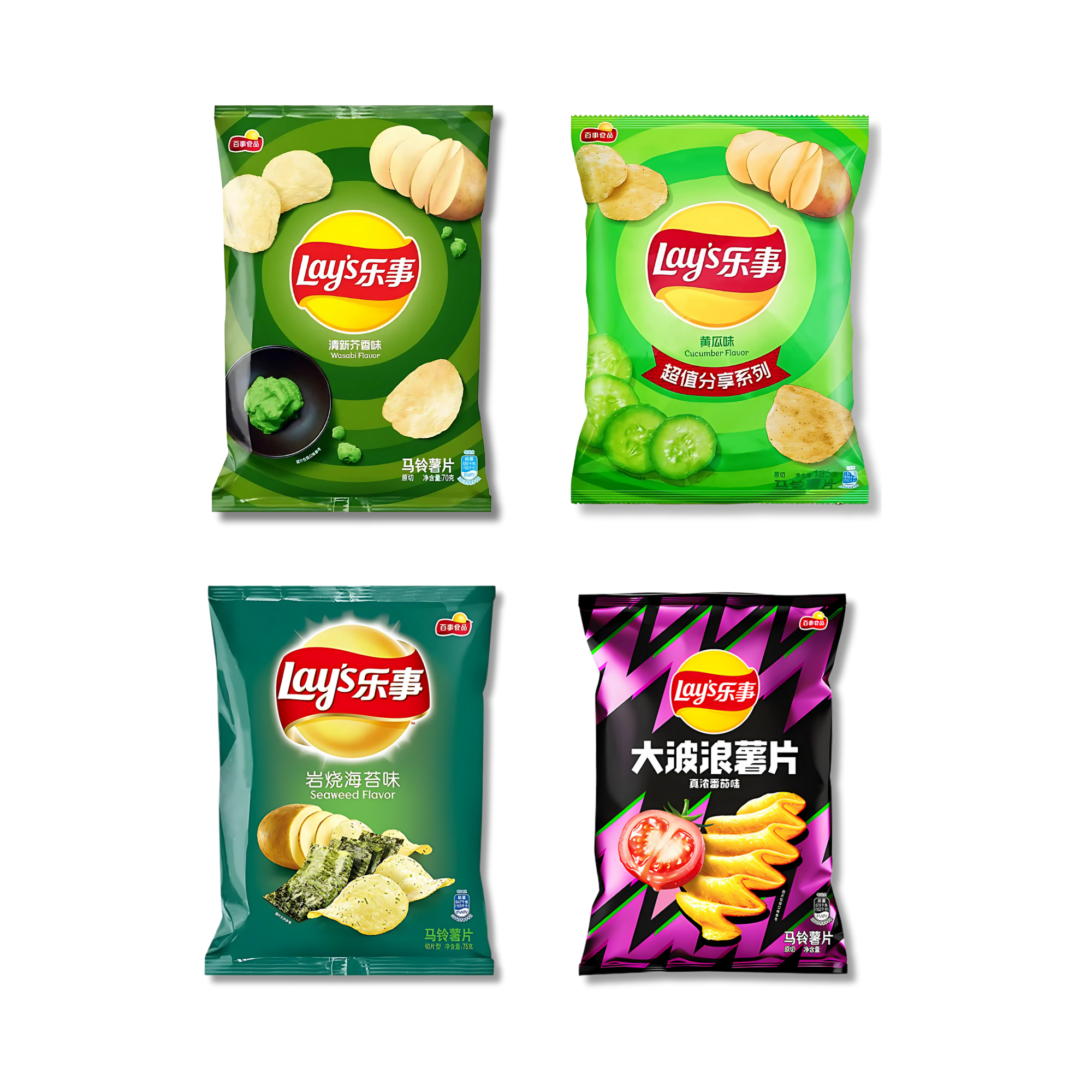 Four Asian Lay's chip bags in a 2x2 grid featuring different flavors: Wasabi, Cucumber, Seaweed, and Wavy Tomato. Each bag has vibrant, colorful packaging.