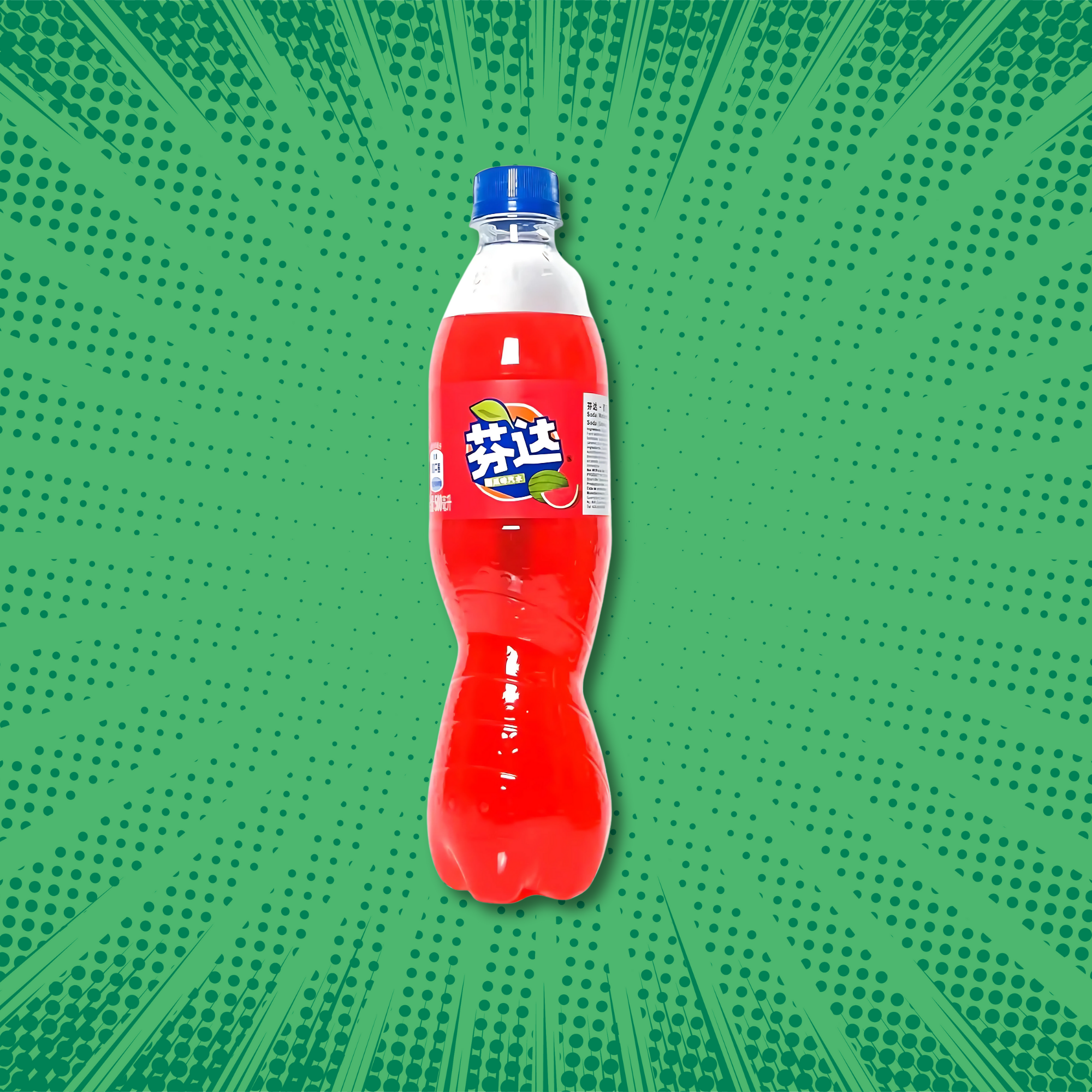 Single bottle of Taiwanese Watermelon Fanta soda on a vibrant green comic-style background.