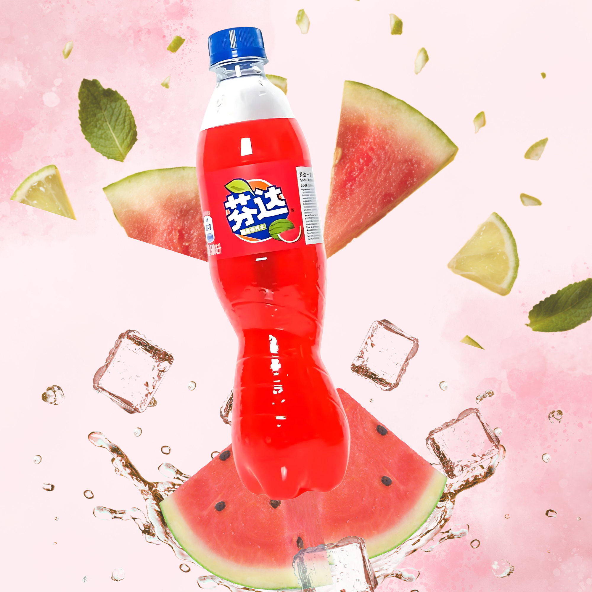 Watermelon Fanta bottle surrounded by watermelon slices, lime wedges, mint leaves, and splashing ice cubes on a pink background.