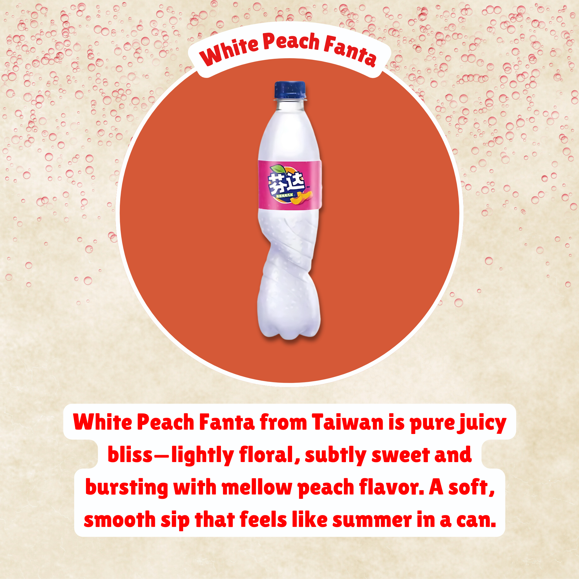 Detailed information graphic of White Peach Fanta with product description and flavor highlights.