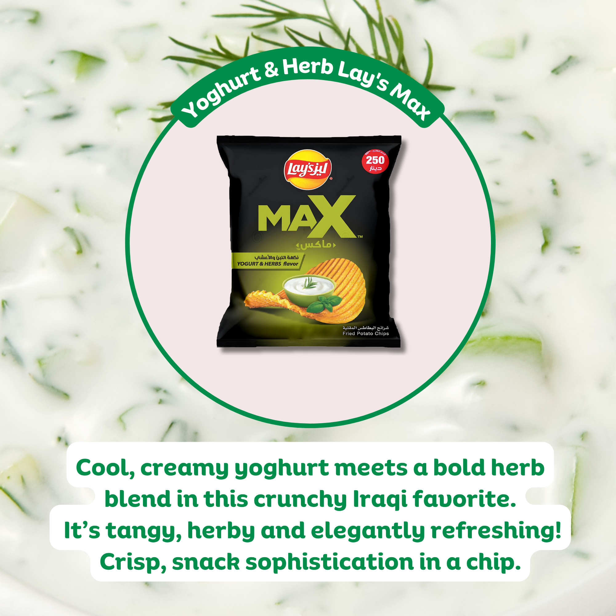 Promotional image of Lay’s Max Yogurt & Herbs chips with description text: “Cool, creamy yoghurt meets a bold herb blend…” against a background of yogurt dip.