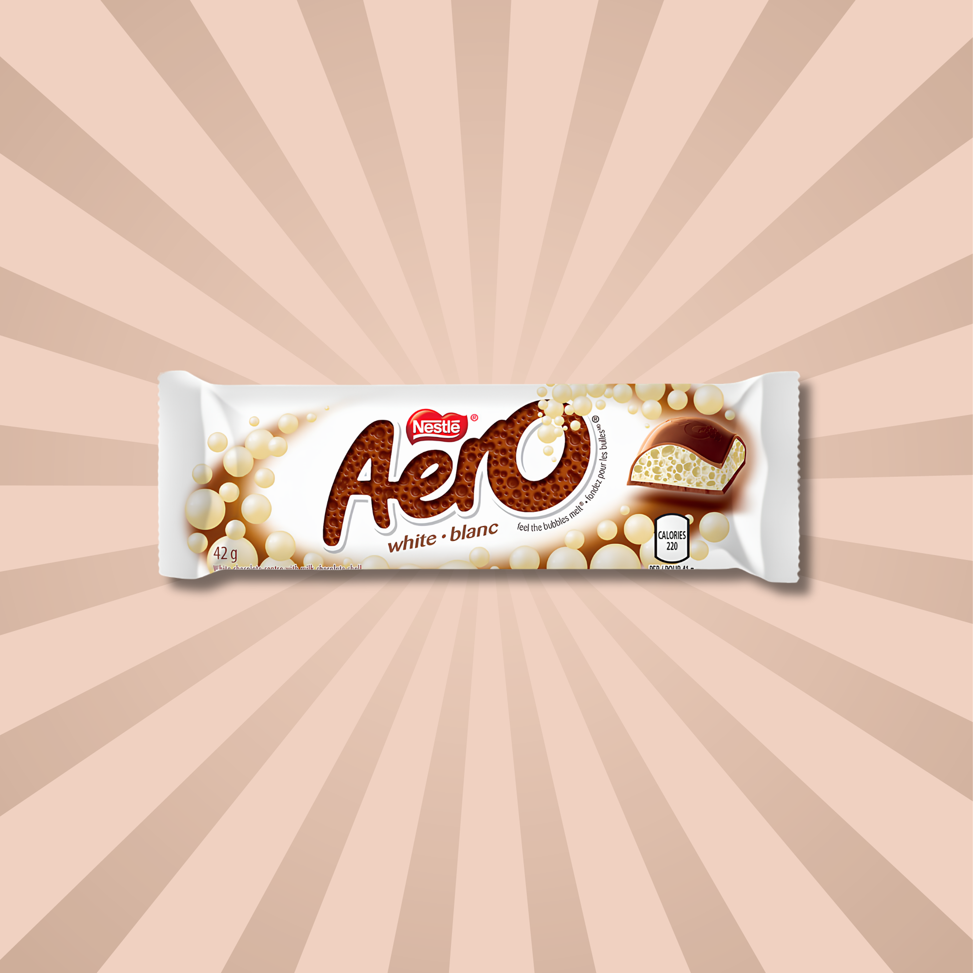 Pack of Aero White Chocolate from Canada against a creamy starburst background. Shop Canadian chocolate candy online.