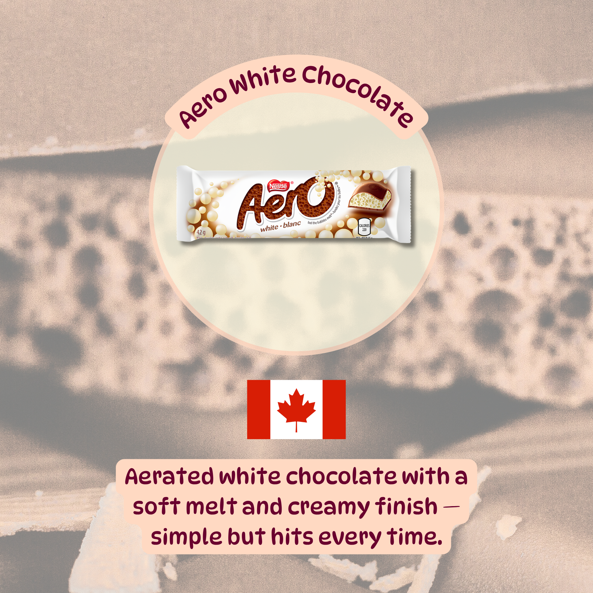 Pack of Aero White Chocolate from Canada with text describing soft melt and creamy finish. Shop Canadian chocolate candy online.