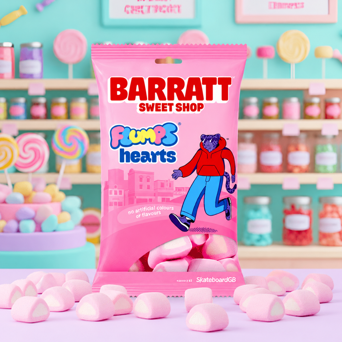 Barratt Flumps Hearts bag with pink-and-white heart marshmallows on a pastel candy-shop counter.