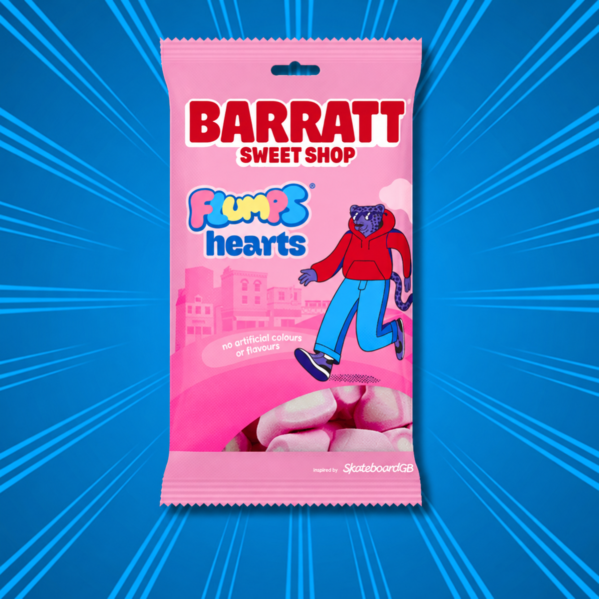 Barratt Flumps Hearts pink bag on a blue starburst background.