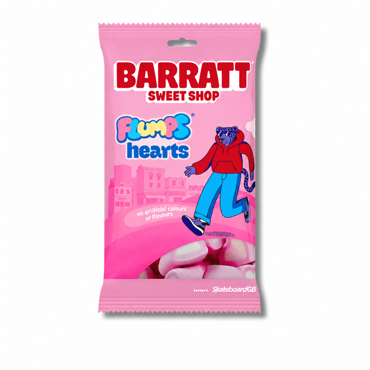 Front of a pink Barratt Flumps Hearts bag on a white background with a shadow.
