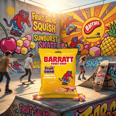 Barratt Fruit Salad bag and loose pink-and-yellow sweets on a skatepark ledge.