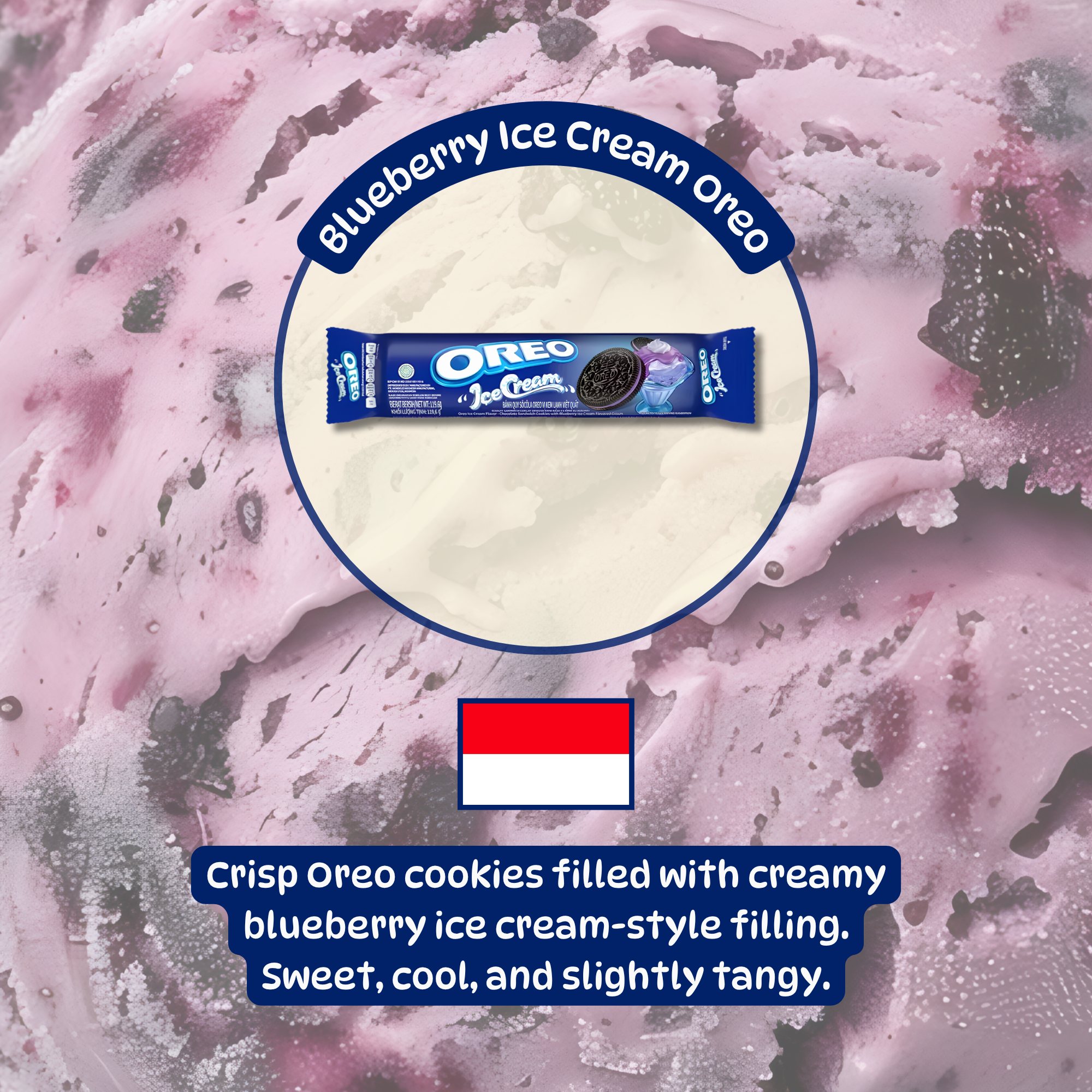 Pack of Blueberry Ice Cream Oreo from Indonesia with text describing cool, tangy flavors. Shop Indonesian Oreo online.