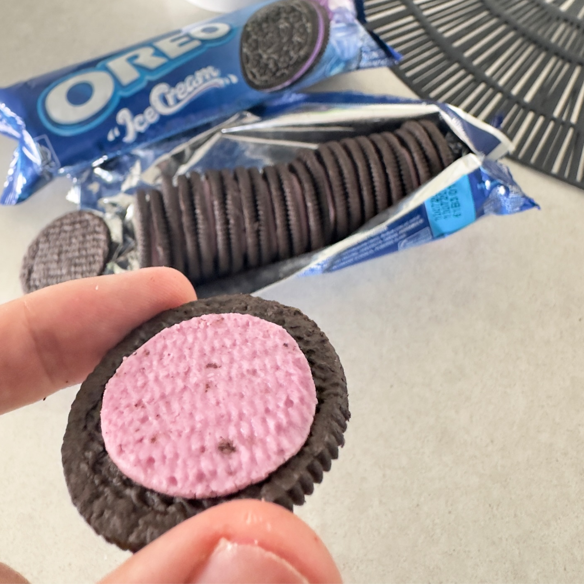 Close up of Blueberry Ice Cream Oreo from Indonesia. Shop asian Oreo cookie online.