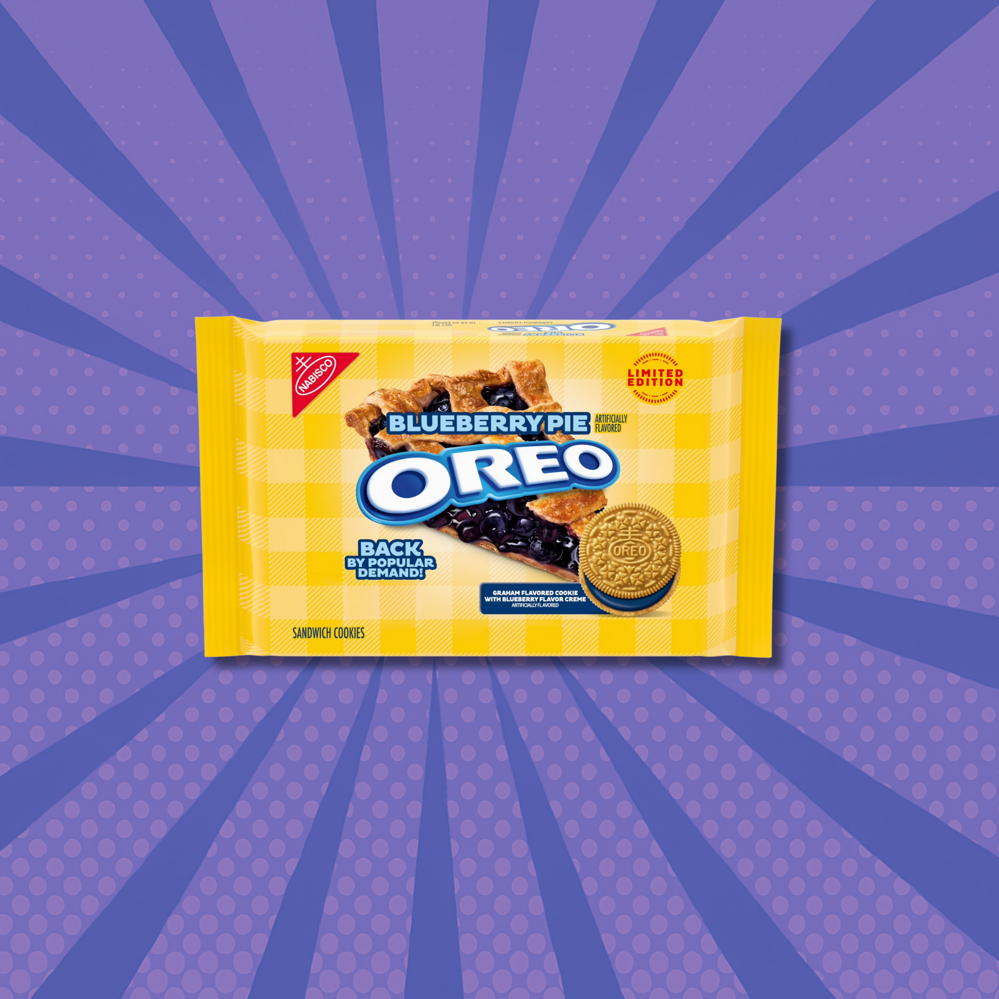 Yellow package of Blueberry Pie Oreos available online on a purple, radial striped background.